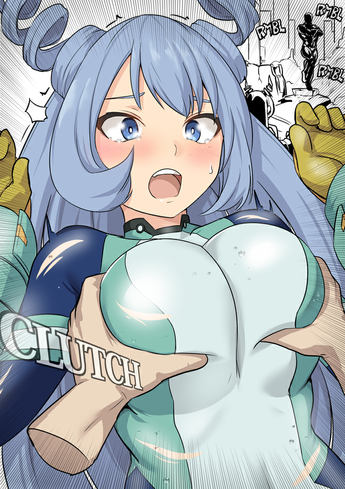 1girls blue_hair blush bodysuit breast_grab breasts female_human hadou_nejire hadou_nejire_(hero_outfit) hero_outfit_(mha) human my_hero_academia nejire_hado nejire_hado_(hero_outfit) open_mouth shiseki_hirame skin_tight slq superhero_costume superheroine