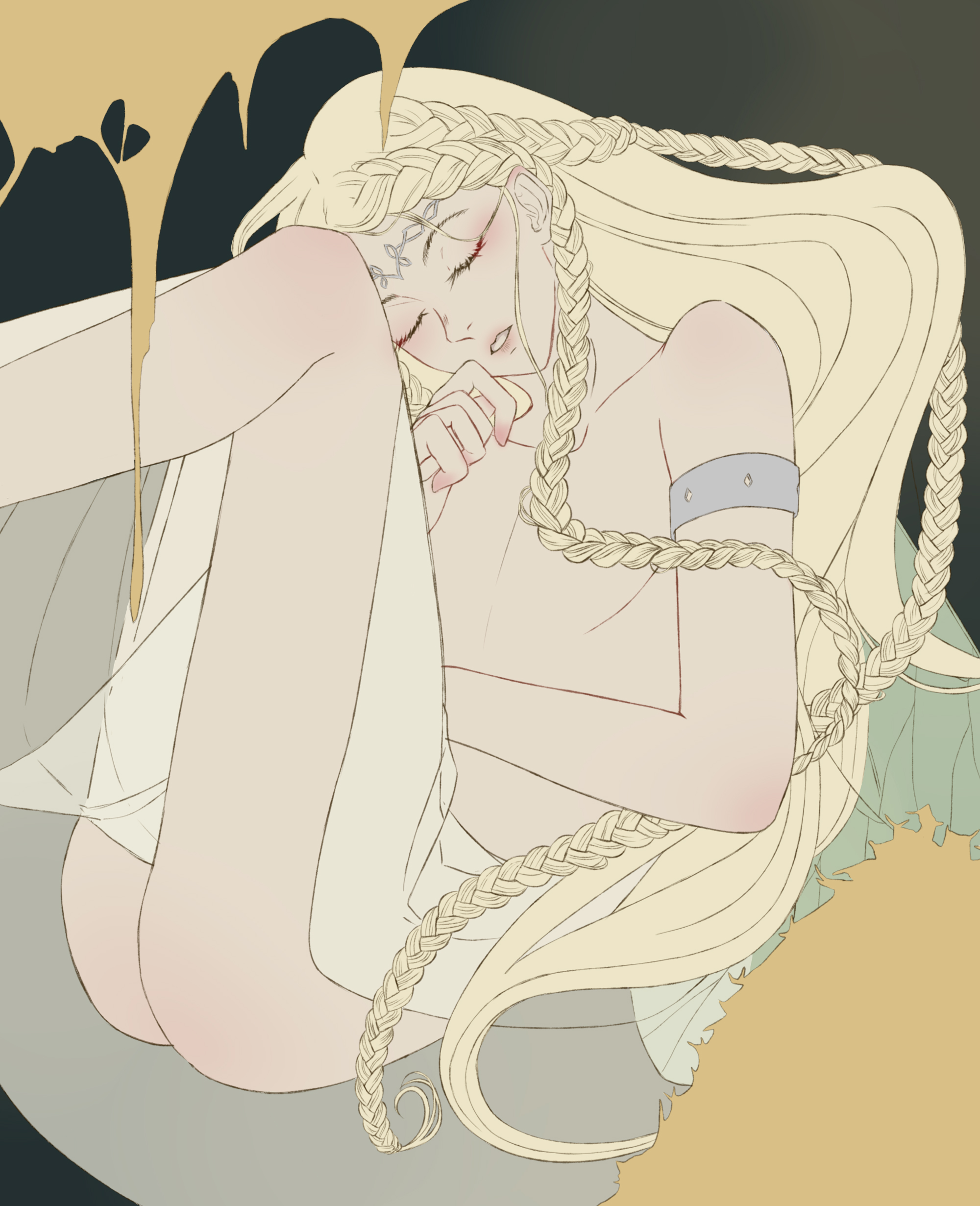 1boy, 2d, ass, blonde hair, danae (gustav klimt), deity, elden ring, femboy, fine art parody, fromsoftware, god, gustav klimt (style), legs, light skin, light-skinned male, male, male only, miquella, parody, public domain, shadow of the erdtree, thighs, unknown source