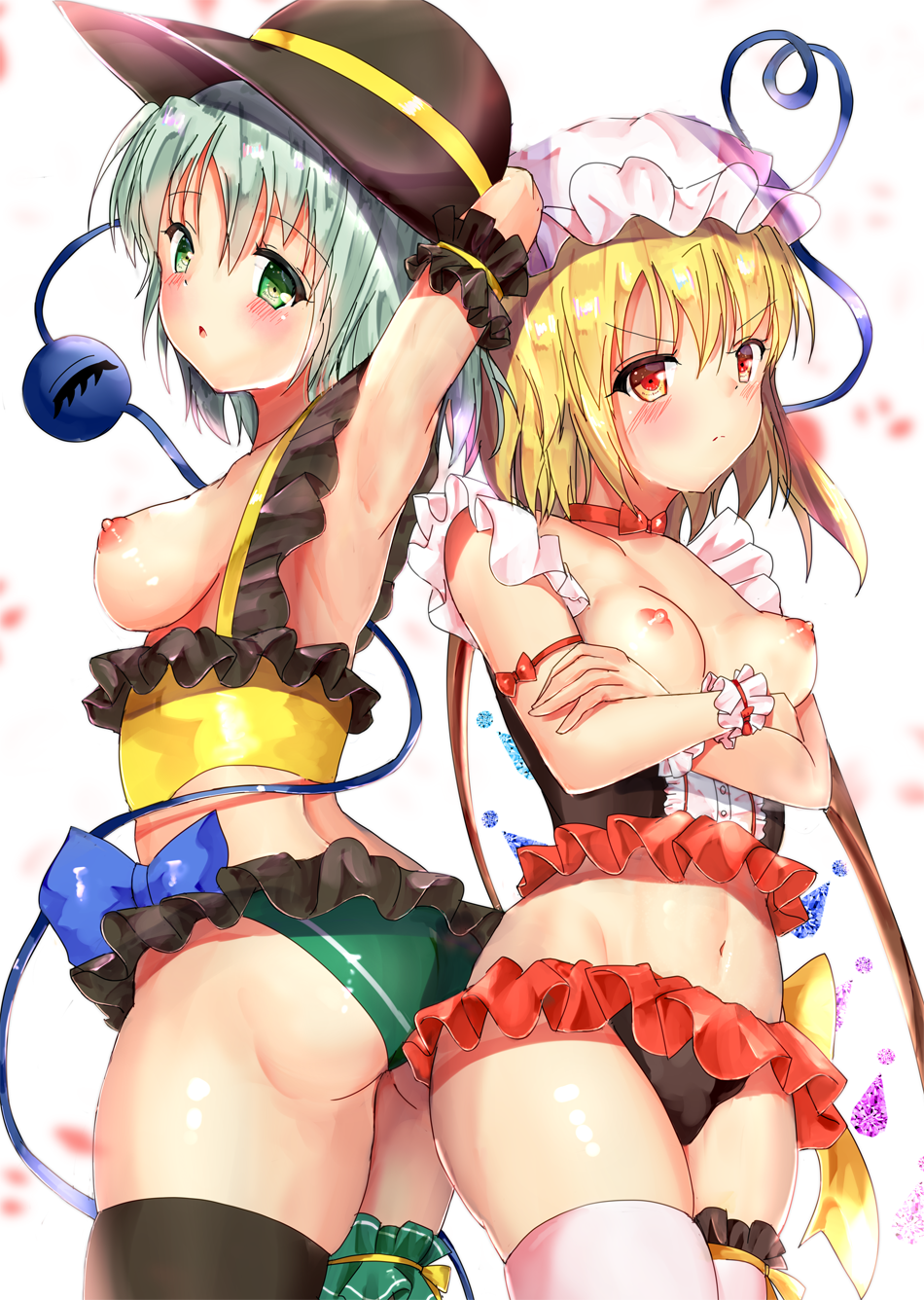 2girls blonde_hair bow breasts eyeball flandre_scarlet green_eyes hat heart highres koishi_komeiji looking_at_viewer medium_hair mogupuchi multiple_girls nipples red_eyes revealing_clothes ribbon short_hair third_eye touhou