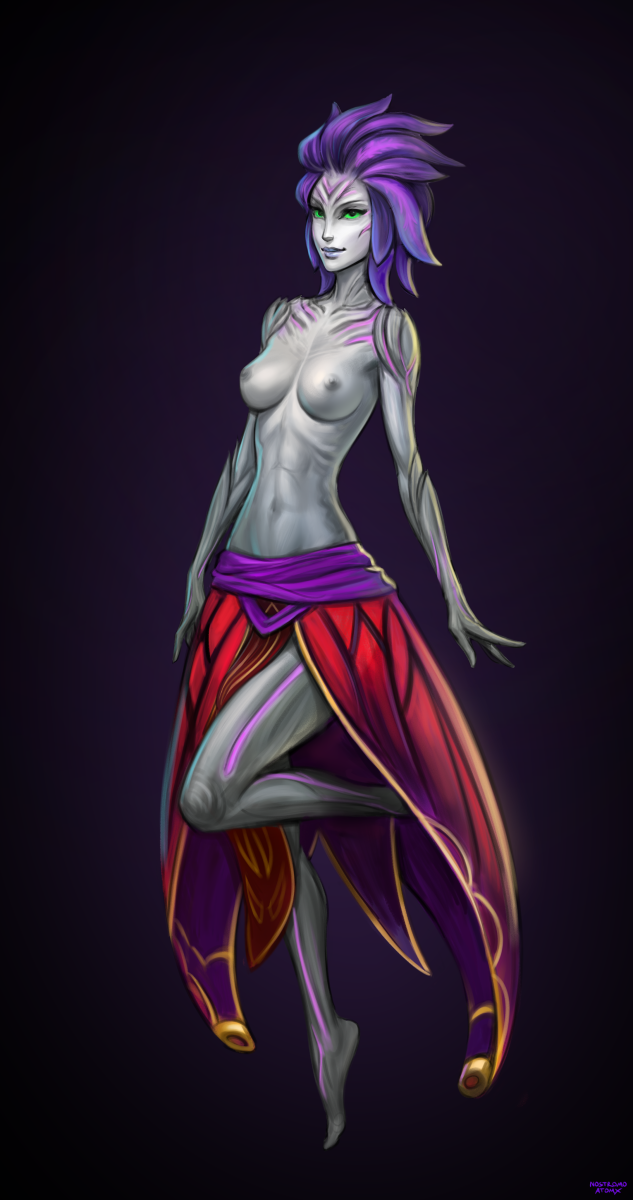 1girls atomx breasts feet female female_only green_eyes guild_wars guild_wars_2 humanoid light-skinned_female light_skin mostly_nude plant_girl plant_humanoid purple_hair skirt small_breasts sylvari topless