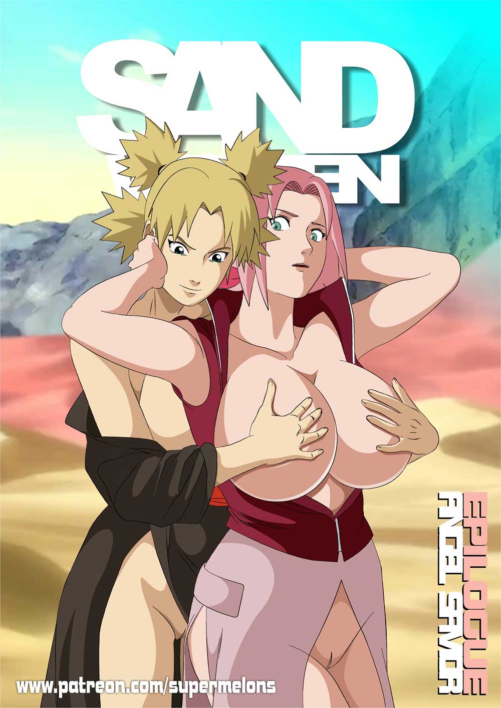 2girls, age difference, big breasts, breasts, comic, female, female only, grabbing, grabbing own breast, hand on breast, huge breasts, imminent sex, lesbian sex, multiple females, multiple girls, naruto, naruto (series), naruto shippuden, patreon, sakura haruno, super melons, temari, yuri