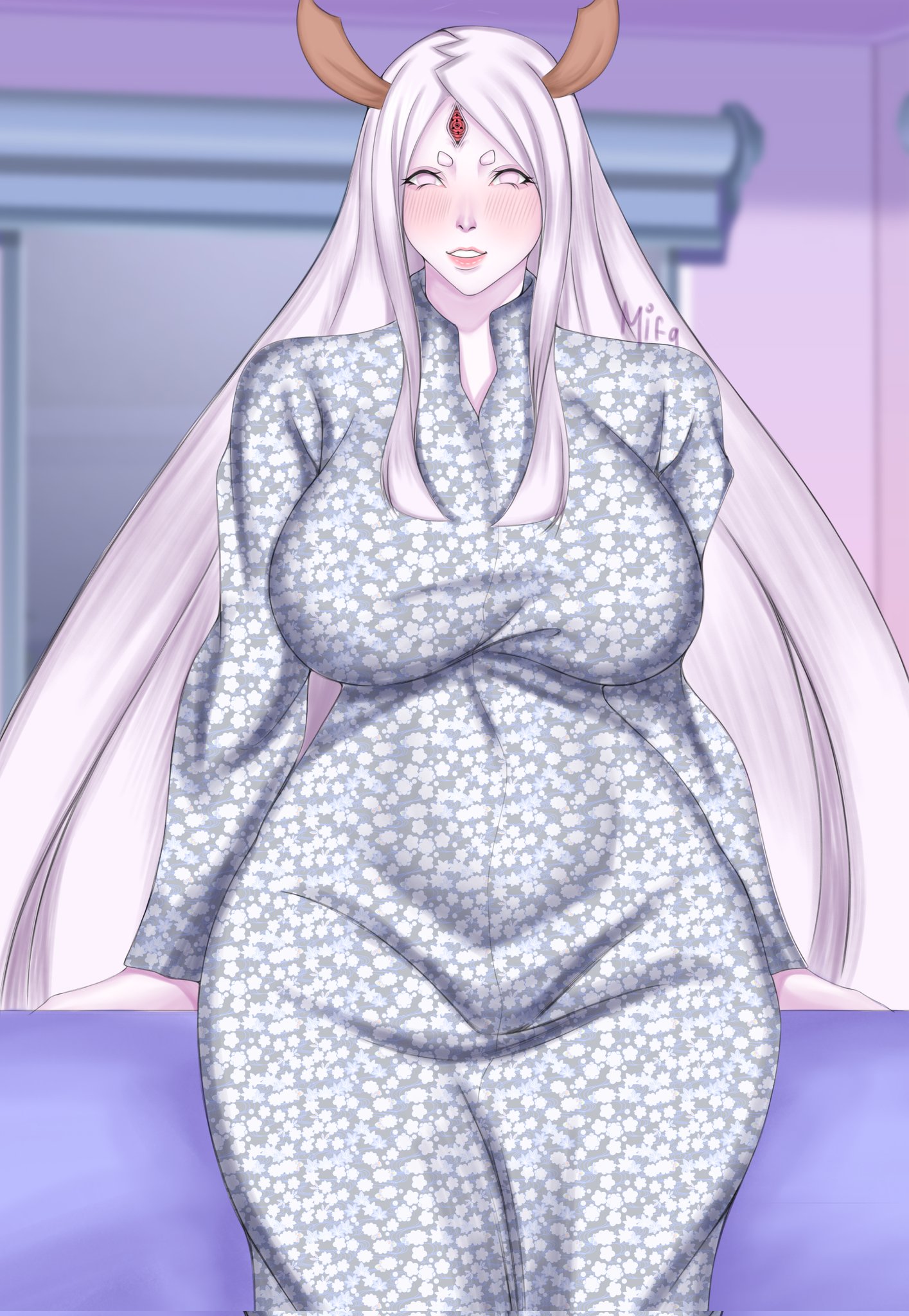 3 eyes, big breasts, blush, breasts, byakugan, curvaceous, dress, dress shirt, female, female focus, female only, gilf, goddess, horns, hourglass figure, huge breasts, lavender eyes, light skin, light-skinned female, mature, mature female, milf, multi eye, naruto, naruto (series), naruto shippuden, otsutsuki kaguya, ozzay, pale skin, pale-skinned female, pelvic curtain, rinne sharingan, very long hair, voluptuous, white hair, white skin