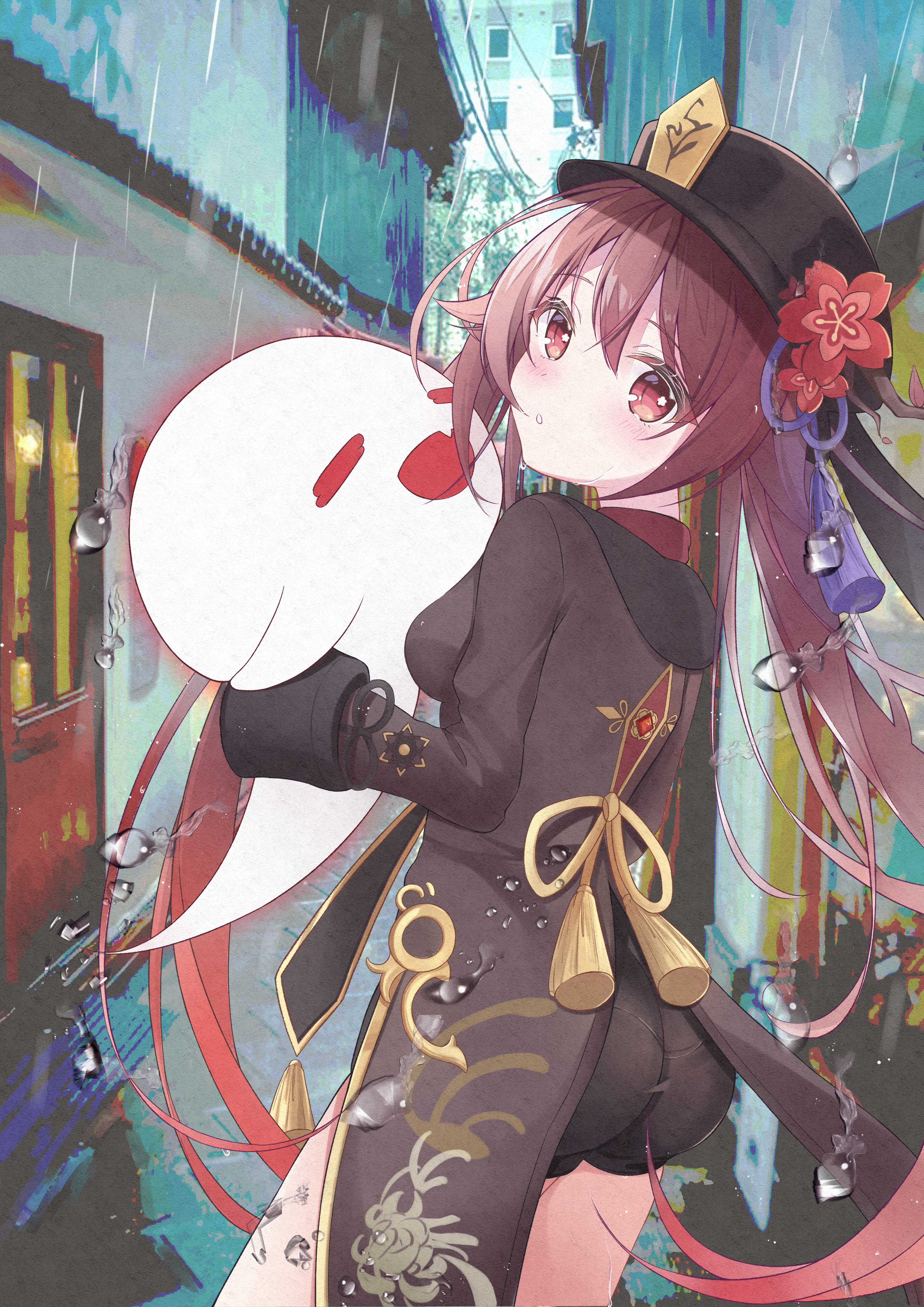 absurdres, alley, ass, bangs, black headwear, blush, breasts, brown hair, chinese clothes, facing to the side, female, flower, genshin impact, ghost, hair between eyes, hat, hat flower, highres, holding, hu tao (genshin impact), jewelry, long hair, long sleeves, looking at viewer, nayuuchan, open mouth, outdoors, rain, red eyes, shorts, small breasts, solo, symbol-shaped pupils, thighs, twintails, very long hair, water drop