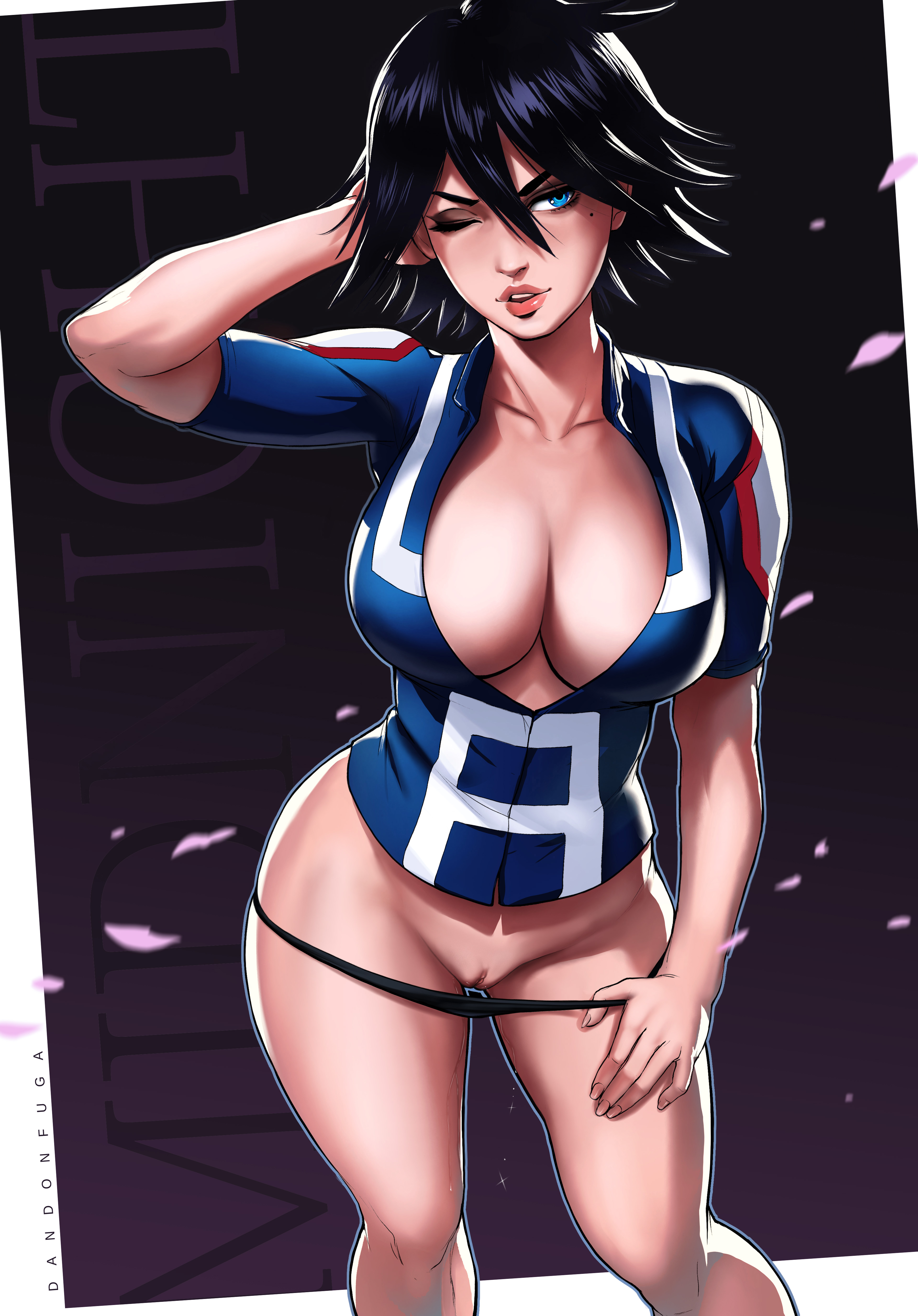 1girls, absurd res, big breasts, black hair, black panties, blue eyes, breasts, character name, cleavage, collarbone, dandon fuga, female, gym uniform, large breasts, lips, midnight (my hero academia), mole, mole under eye, my hero academia, nemuri kayama, no pants, panties, panty pull, pussy, pussy juice, short hair, short sleeves, smile, solo, thighs, u.a. gym uniform, uncensored, wink