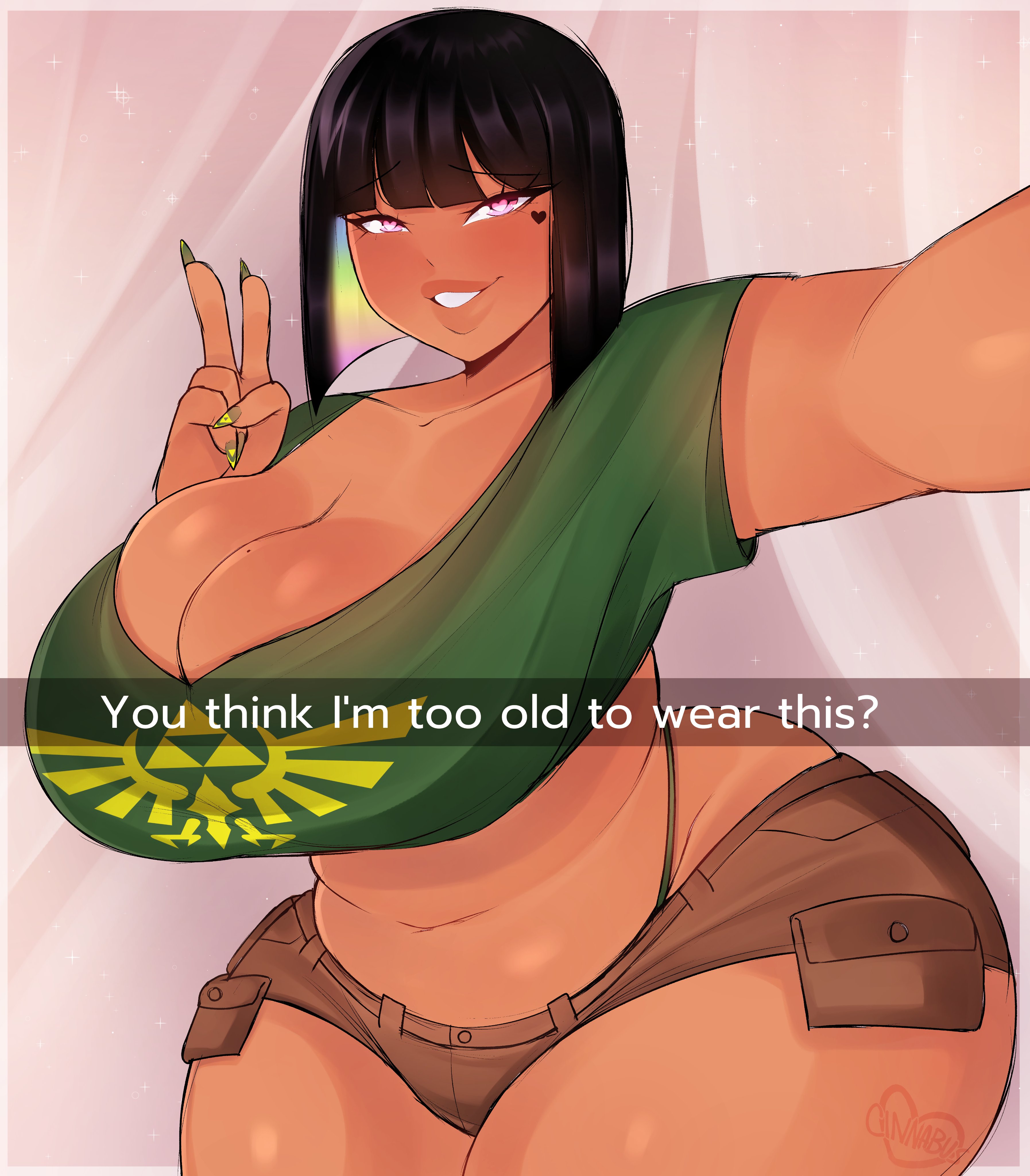 absurd res, big breasts, breasts, cinnabus, english text, female, heart eyes, heart tattoo, heart-shaped pupils, logo, looking at viewer, mature female, milf, multicolored hair, painted nails, peace sign, selfie, shirt, short hair, shorts, sona (cinnabus), tattoo, tattoo under eye, text, the legend of zelda, thick thighs, tight clothes, tight clothing, tight fit, triforce