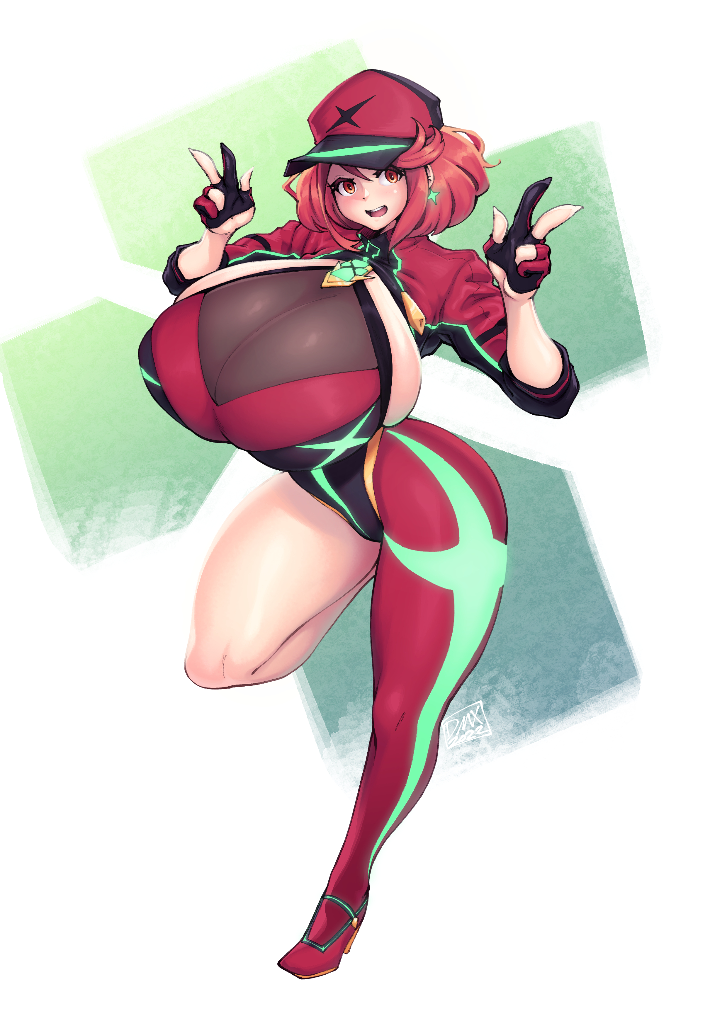 1girls, 2022, alternate breast size, bangs, breasts, clothed, clothed female, commission, core crystal, dmxwoops, double v, earrings, female, female only, hat, hi res, hips, huge breasts, leggings, massive breasts, nintendo, peace sign, pyra, red eyes, red hair, short hair, slim waist, swept bangs, thick thighs, thighs, tight clothing, tight fit, wide hips, xenoblade (series), xenoblade chronicles 2