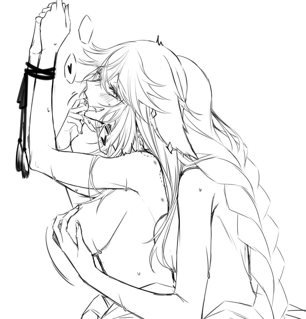  tskrskr, 2girls, bite mark, braid, braided hair, breasts, female, female only, finger in mouth, finger sucking, fondling, fondling breast, genshin impact, groping from behind, hickey marks, large breasts, multiple females, multiple girls, raiden shogun, tied hands, tied wrists, wrists tied, yae miko, yuri