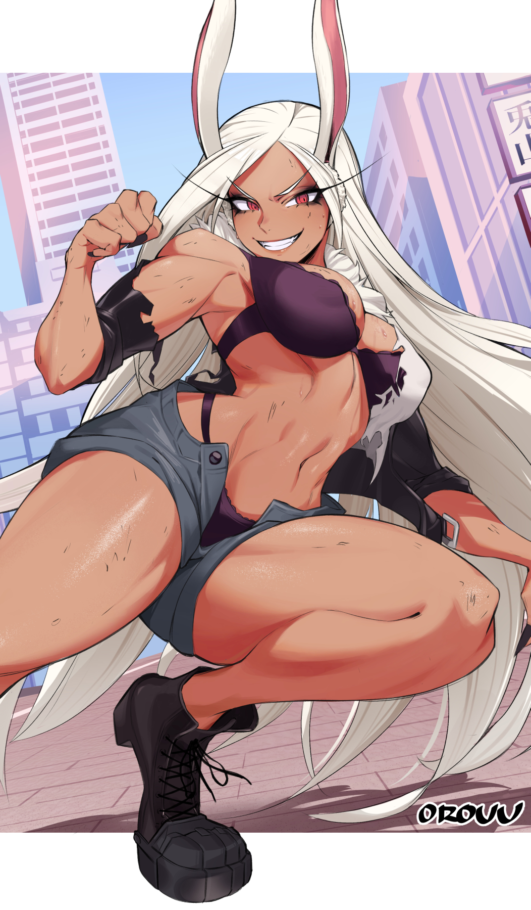 1girls athletic_female big_breasts black_shoes bunny_ears dark-skinned_female dark_skin female female_only fit_female kemonomimi large_breasts long_hair looking_at_viewer mature_female miruko my_hero_academia orouu purple_bra purple_panties red_eyes rumi_usagiyama slim_waist solo spread_legs squatting thick_thighs thighs torn_clothes uncensored underwear very_long_hair white_hair