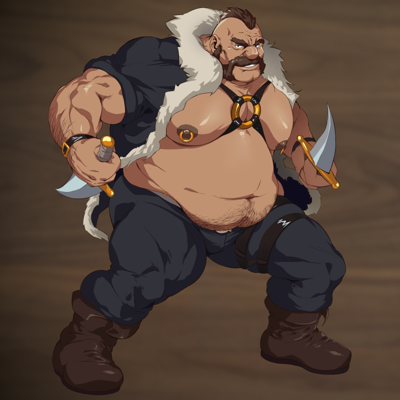 bandit bara barrel_(character) barrel_(lustful_desires) bulge dagger gay hairy lustful_desires male male_only muscles muscular official_art overweight solo solo_male zoroj