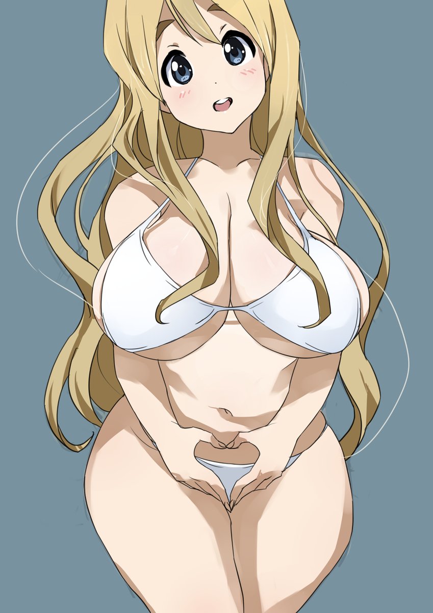 artist request, big breasts, bikini, blonde hair, blue eyes, breasts, female, hips, hourglass figure, huge breasts, k-on!, seductive, seductive look, seductive smile, swimsuit, thick eyebrows, thick thighs, thighs, tsumugi kotobuki (k-on!), white bikini, white swimsuit, wide hips