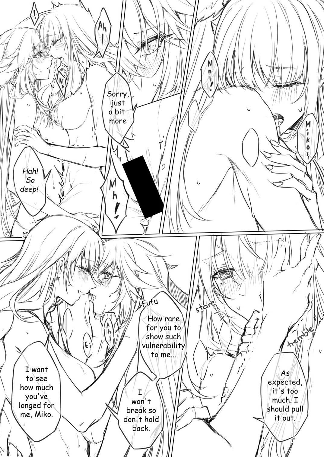  tskrskr, 1futa, 1girls, 2girls, braid, braided hair, breasts, caress, caressing face, censored, dialogue, female, finger on lip, fox, fox ears, fox girl, fox tail, futa on female, futanari, genshin impact, grabbing arm, intersex, large breasts, long hair, longing eyes, passionate, pussy, raiden shogun, reunion sex, riding, sex, sitting on lap, sketch page, text, text bubble, trembling, vaginal penetration, vaginal sex, vulnerable, wholesome, yae miko