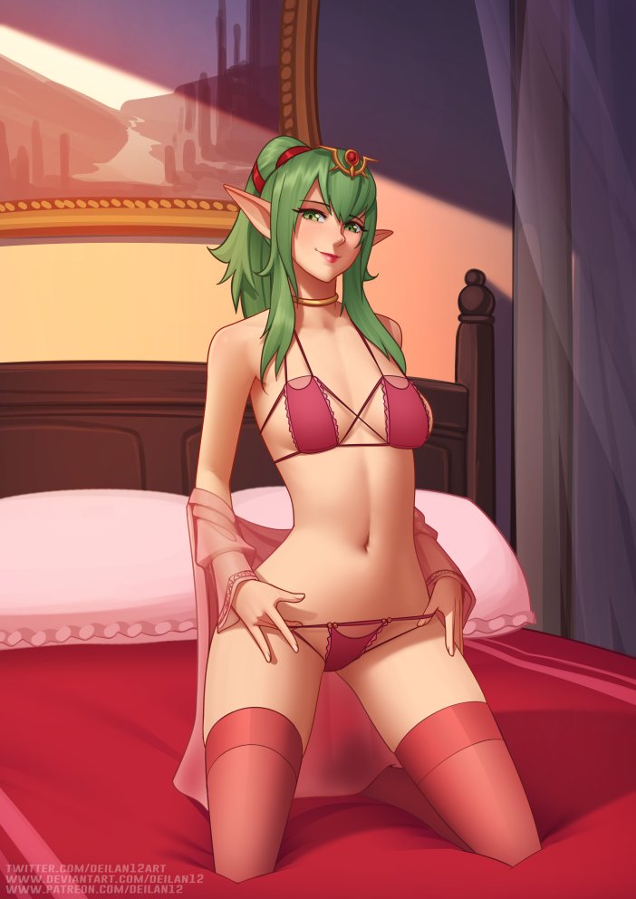 1girls, bare midriff, bed, bedroom, bedroom eyes, bra, breasts, deilan12, female, female only, fire emblem, fire emblem awakening, g-string, green eyes, green hair, indoors, kneeling, lingerie, long hair, looking at viewer, midriff, nintendo, on bed, panties, pillow, pink lingerie, pink panties, pink stockings, pointy ears, ponytail, sideboob, small breasts, smile, solo, stockings, thighhighs, tiki (fire emblem), tiki (fire emblem) (adult), underwear, undressing