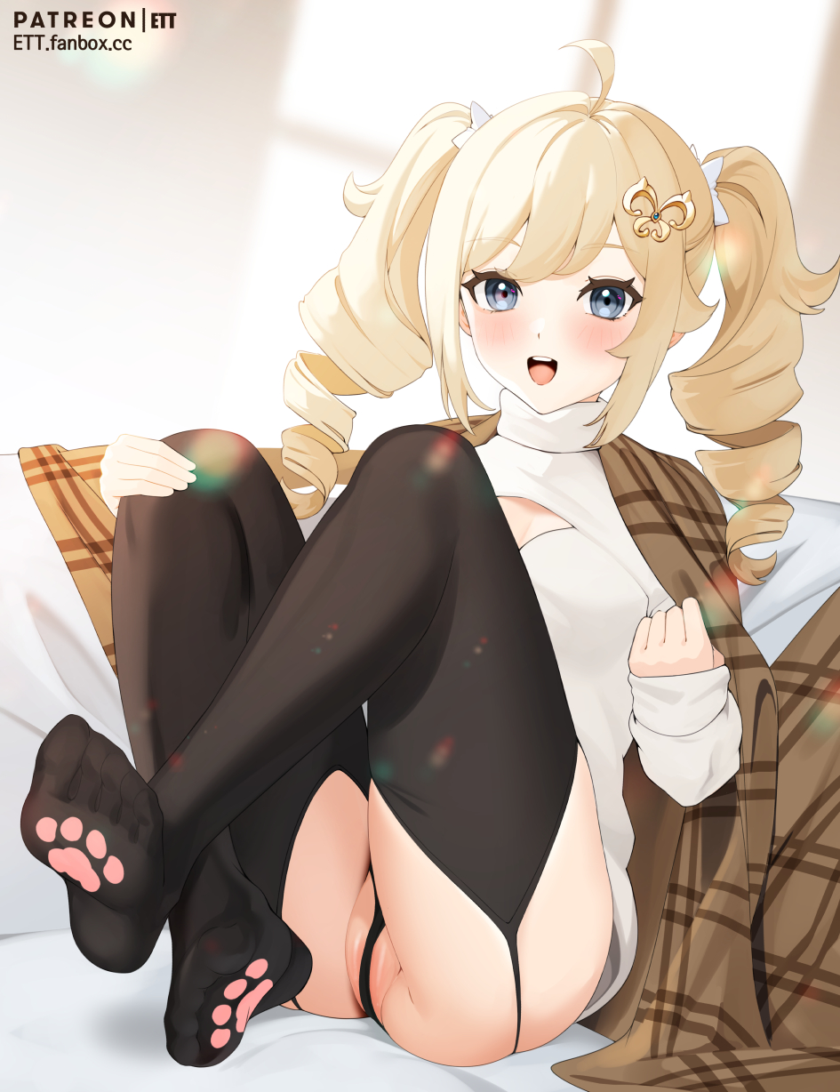 1girls ass barbara_(genshin_impact) blonde_female blonde_hair blue_eyes blush breasts cameltoe ett feet female garter_straps genshin_impact looking_at_viewer nun panties paws thighhighs thong toes turtleneck twintails underwear