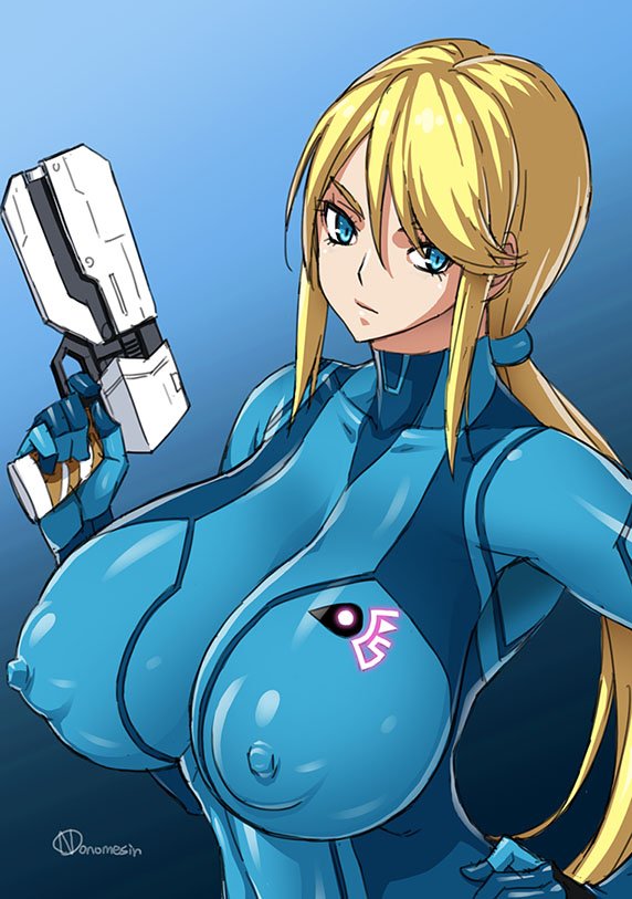 blonde hair, blue background, blue eyes, bodysuit, breasts, covered erect nipples, female, female only, gun, hand on hip, impossible bodysuit, impossible clothes, looking at viewer, low ponytail, metroid, milf, nintendo, onomeshin, ponytail, samus aran, skin tight, solo, weapon, zero suit, zero suit samus