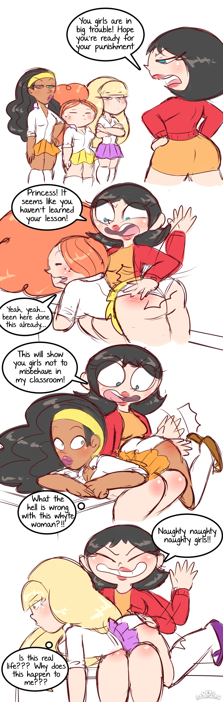 -_- 4girls comic crossover danny_phantom dat_ass freckles gravity_falls ms._keane multiple_girls pacifica_northwest powerpuff_girls princess_morbucks princesscallyie shiny shiny_skin smooth_skin spanked spanking valerie_gray yuri