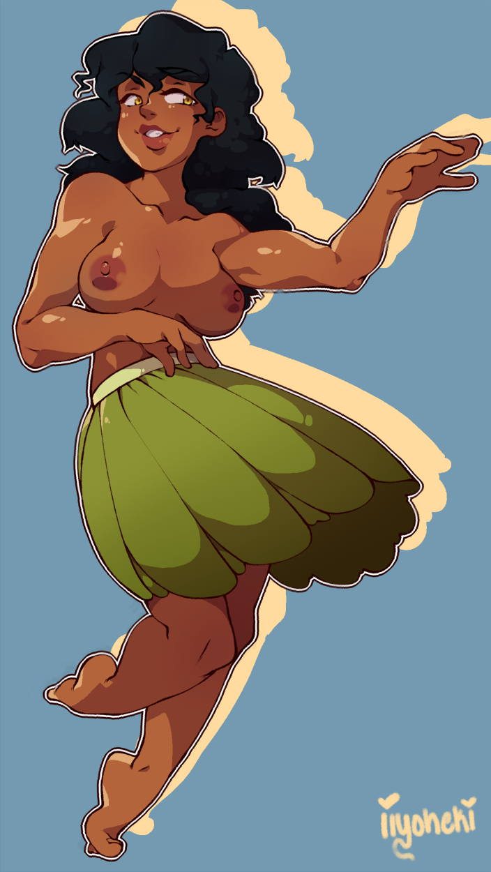 artist_signature black_hair blue_background breasts dancing female female_only hawaiian hula hula_dancer hula_girl iiyo leaf_skirt leg_up oc original_character tanned_skin topless white_outline yellow_eyes