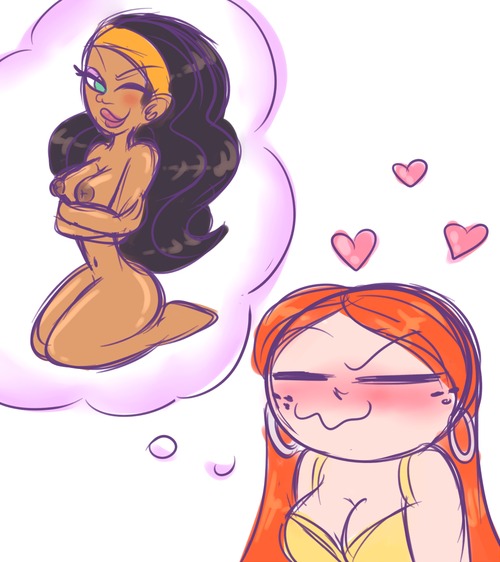 2girls black_hair blush blushing breasts cleavage crossover danny_phantom dark_skin ear_rings female freckles hair hairband heart hoop_earrings hoop_earrings_oversized long_hair multiple_girls nipples nude orange_hair powerpuff_girls princess_morbucks princesscallyie shiny shiny_skin smile thinking valerie_gray wink yuri