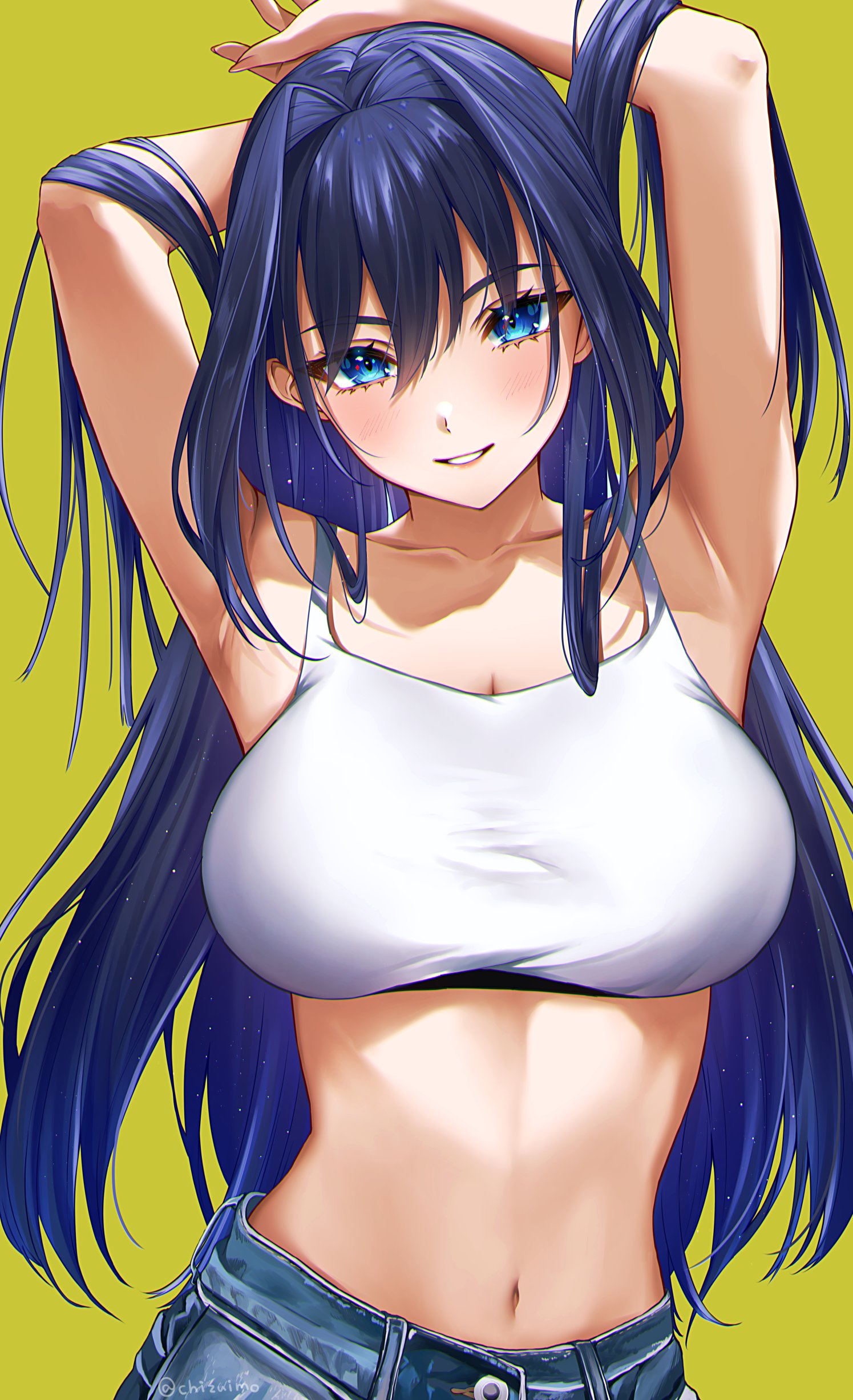 1girls, absurdres, armpits, arms behind head, arms up, bangs, big breasts, blue eyes, blue hair, breasts, cleavage, collarbone, crop top, denim, female, female only, green background, hair between eyes, hair intakes, highres, hololive, hololive english, hololive english -council-, hololive english -promise-, human, human only, humanoid, jeans, large breasts, long hair, looking at viewer, navel, ouro kronii, pants, parted lips, simple background, smile, solo, solo female, sosuke (yrmon), stomach, twitter username, virtual youtuber
