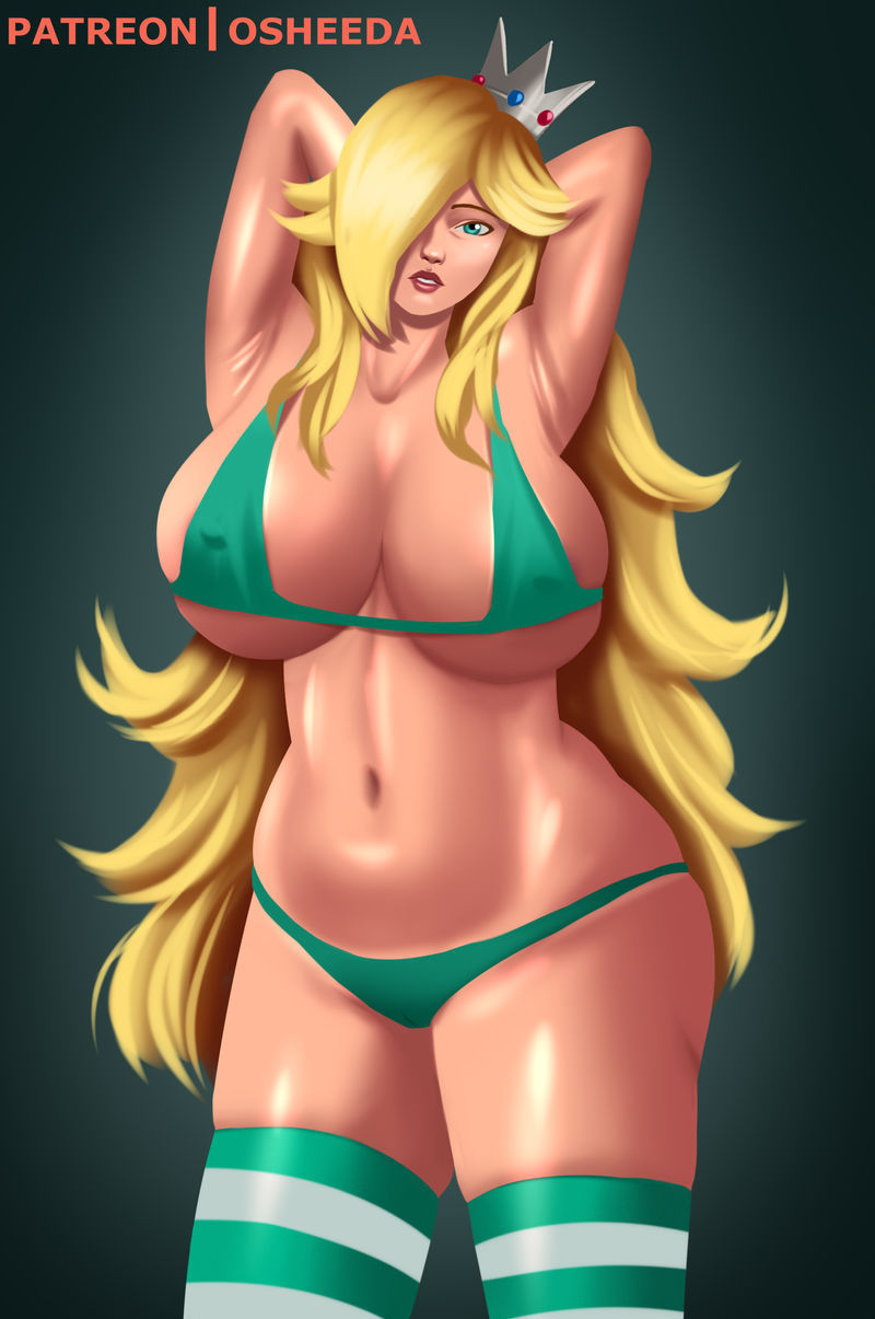 1girls alternate_breast_size alternate_version_available blonde_hair blue_eyes bra breasts covering_nipples crown dark_green_background dark_red_lipstick female female_only green_and_white green_lingerie hands_on_head huge_breasts human looking_at_viewer low_waist mario_(series) nintendo osheeda pale-skinned_female panties patreon_username princess princess_rosalina seductive_smile silver_crown simple_background socks solo super_mario_galaxy thick_body thighhighs thighs