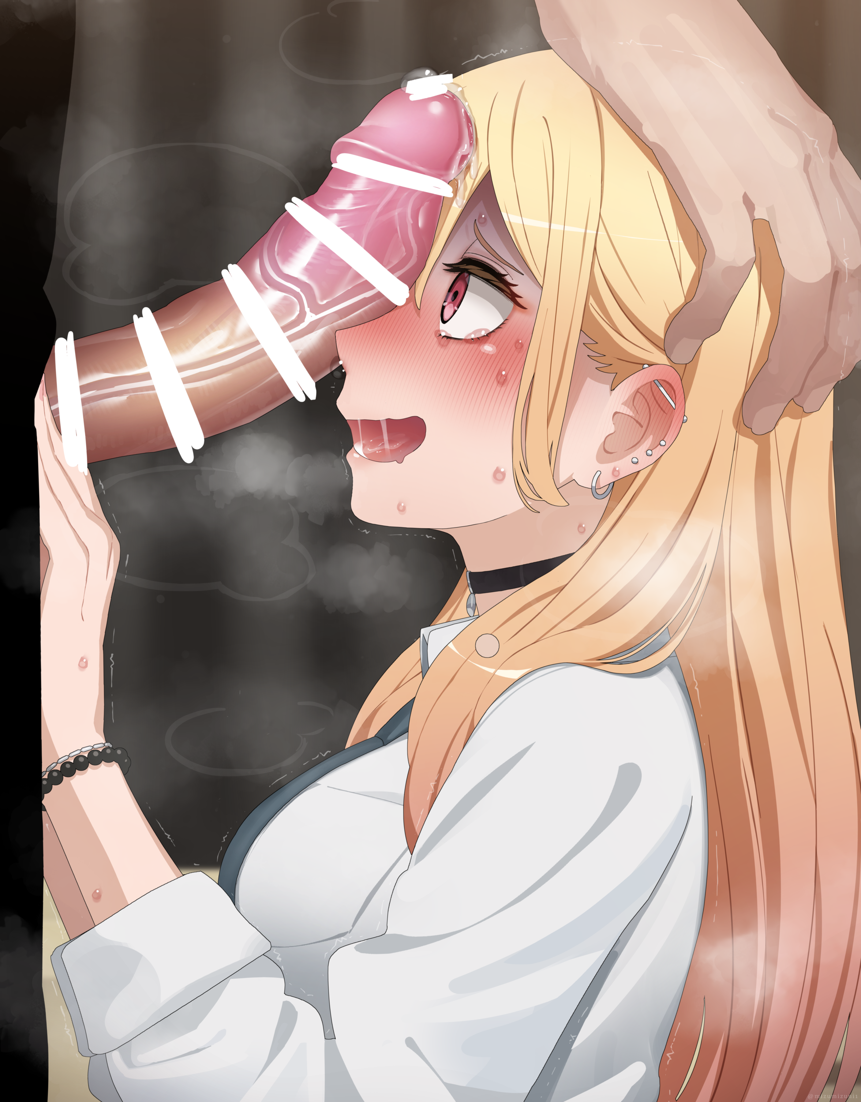 1boy, 1girls, absurd res, big breasts, big penis, blonde hair, breasts, censor bar, censored, choker, earrings, erection, female, forced, forced oral, gyaru, hand on head, heavy breathing, high resolution, huge cock, imminent fellatio, kitagawa marin, long hair, male, maledom, mizumizuni, penis, penis awe, penis on face, piercing, red eyes, school uniform, sideboob, sono bisque doll wa koi wo suru, sweat, veiny penis, visible breath