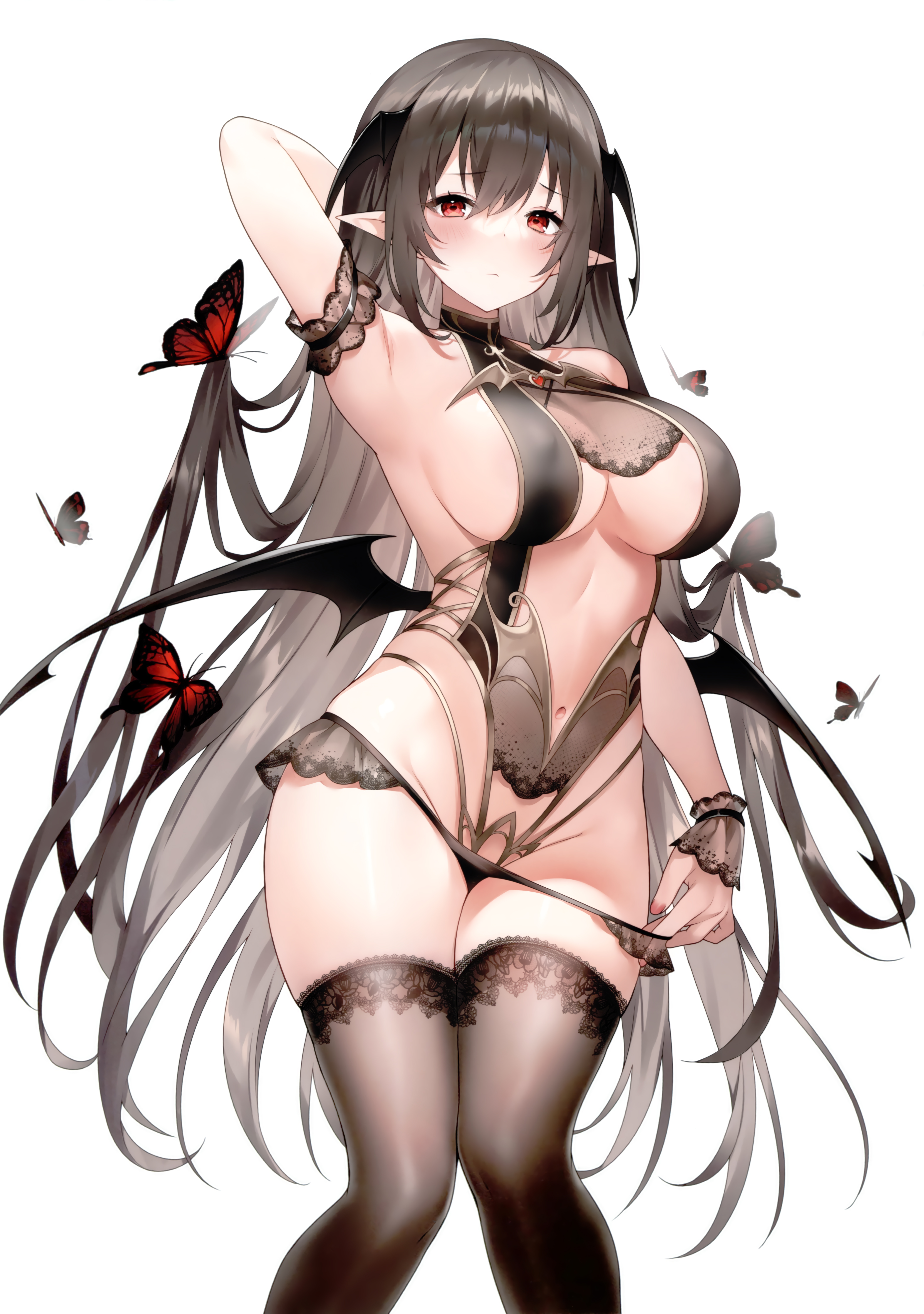 absurdres, arm behind head, arm garter, arm up, armpits, bangs, bat wings, black hair, black legwear, black leotard, black panties, blush, breasts, bug, butterfly, closed mouth, cowboy shot, elf, eyebrows visible through hair, female, gradient hair, hair between eyes, head wings, highres, insects, lace, lace trim, lace-trimmed legwear, large breasts, leotard, long hair, looking at viewer, low wings, midriff, multicolored hair, nail polish, navel, original, panties, pointy ears, red eyes, red nails, scan, sidelocks, simple background, solo, sora 72-iro, standing, thighhighs, underwear, very long hair, white background, wings, wrist cuffs