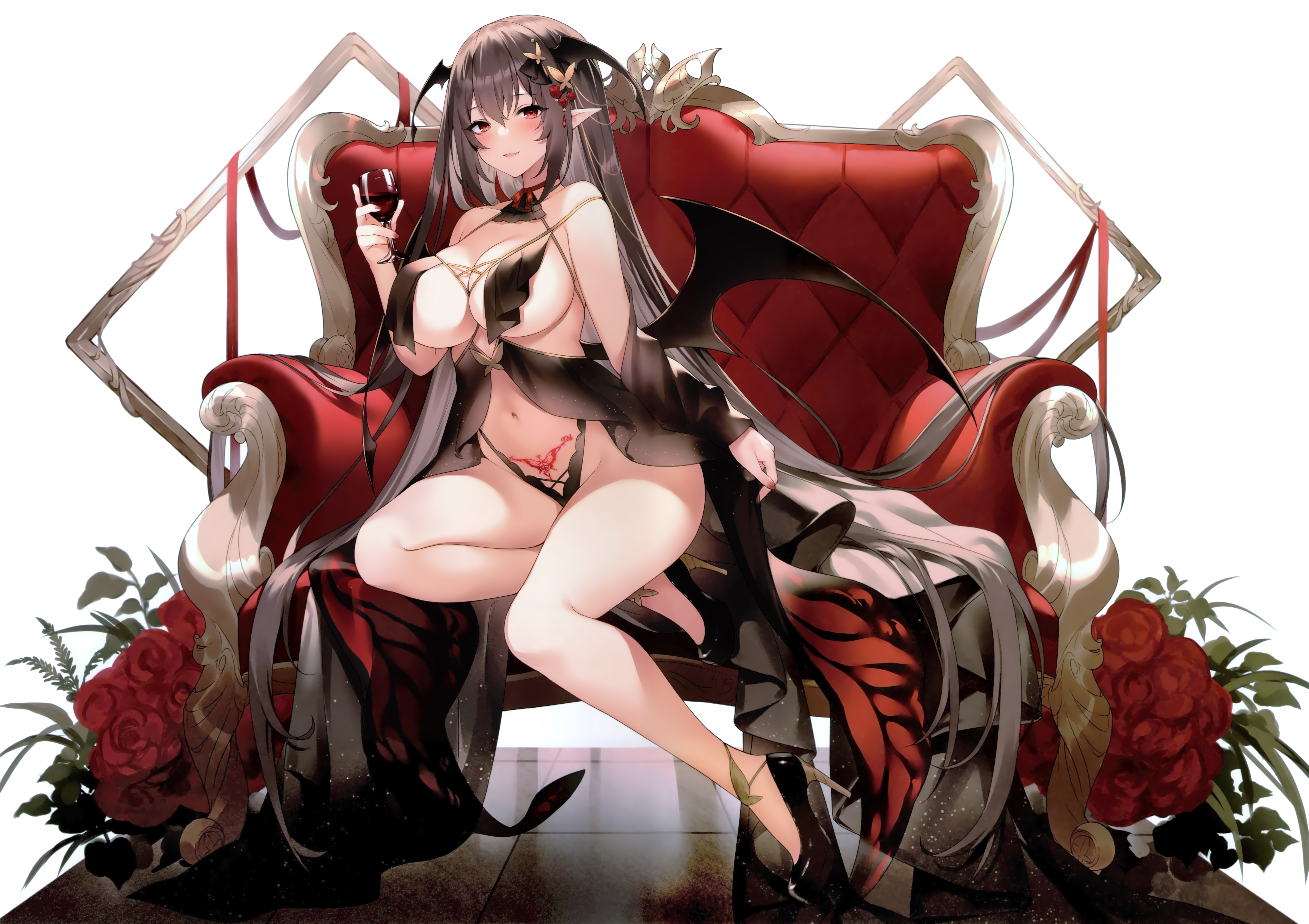 absurdres, bangs, bat wings, black footwear, black wings, blush, breasts, brown hair, butterfly hair ornament, couch, cup, demon, drinking glass, eyebrows visible through hair, eyes visible through hair, female, foot out of frame, full body, hair between eyes, hair ornament, head wings, high heels, highres, holding, holding cup, large breasts, legs, long hair, looking at viewer, nail polish, navel, oerba yun fang, on couch, open mouth, original, parted lips, pointy ears, pubic tattoo, red eyes, red nails, scan, simple background, sitting, skin fang, smile, solo, sora 72-iro, succubus, succubus tattoo, succubus wings, tattoo, thighs, very long hair, white background, wings