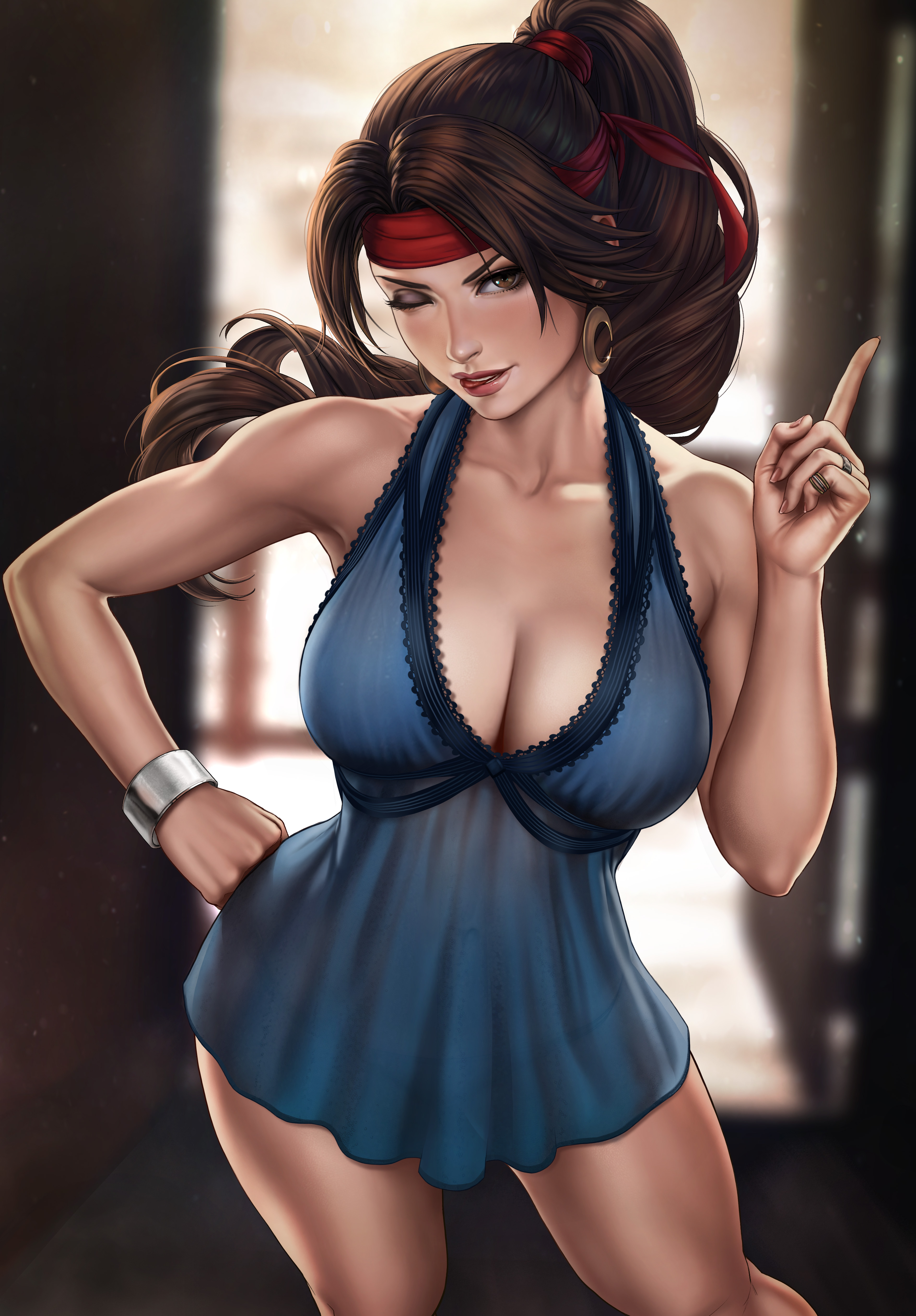 1girls, absurd res, areolae, babydoll, blue lingerie, breasts, brown eyes, brown hair, cleavage, dandon fuga, earrings, female, female only, final fantasy, final fantasy vii, final fantasy vii remake, jessie rasberry, large breasts, lingerie, looking at viewer, negligee, nightgown, nipples, nipples visible through clothing, pussy, see-through, see-through clothing, thong, wink