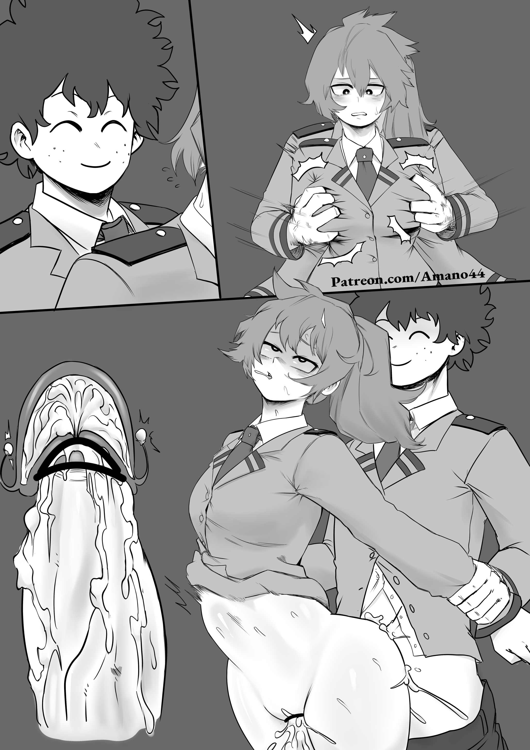 1boy, 1girls, amano44, bottomless, breast grab, breasts, censored, creepy smile, cum in pussy, cum in uterus, double breast grab, excessive cum, female, female focus, from behind, grabbing another's breast, groping, itsuka kendou, izuku midoriya, kendou itsuka, male, medium breasts, midoriya izuku, molestation, monochrome, my hero academia, prison guard position, pussy, rape, restrained, shocked, side ponytail, smile, tight clothing, vaginal penetration, wrist grab, x-ray