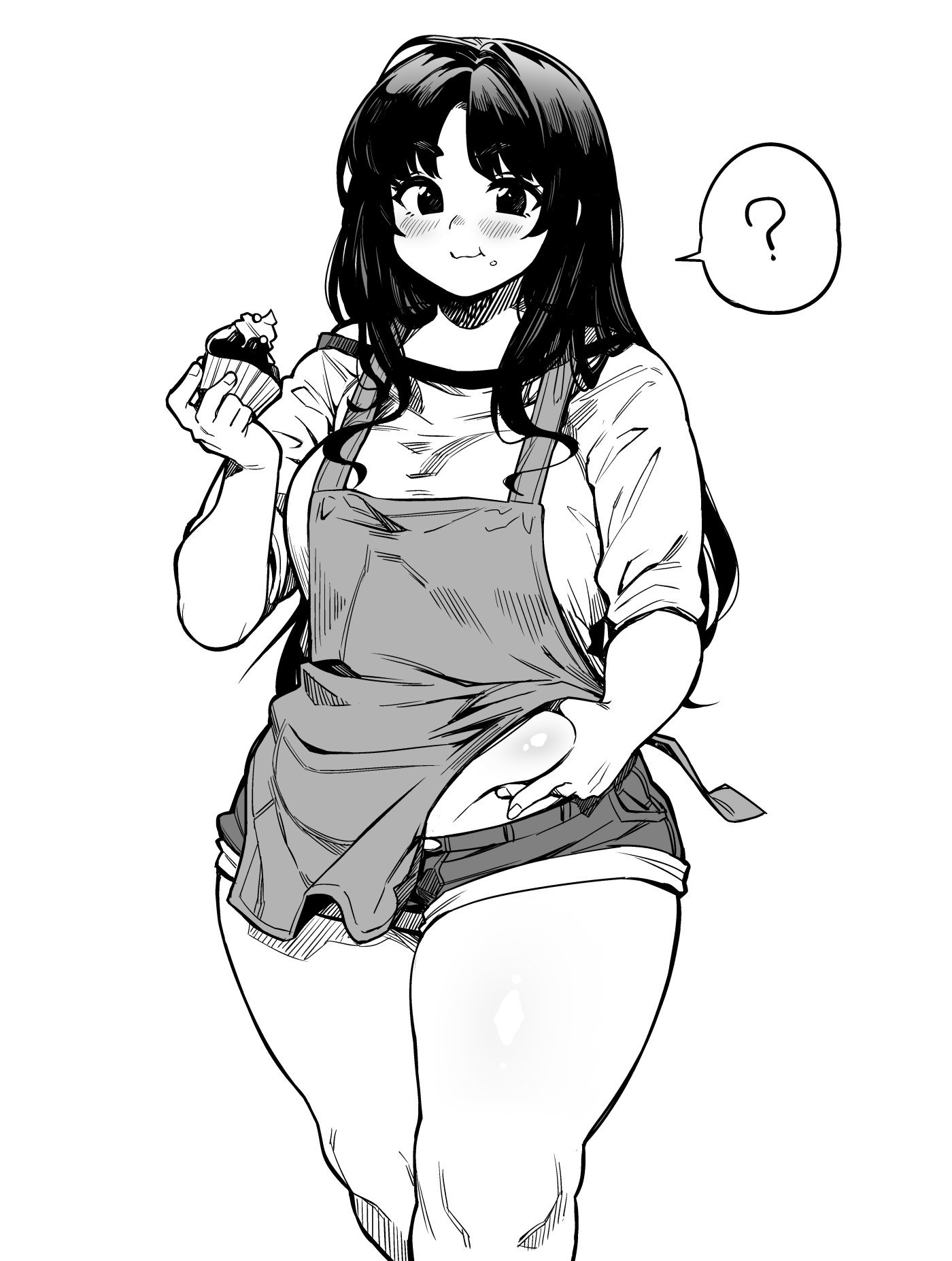 ?, 1girls, 2019, apron, belly, chubby, chubby female, clothed, clothing, curvaceous, curvy, eating, female, female focus, food, fukuokalx, grabbing belly, long hair, monochrome, plump, shorts, solo, solo female, solo focus, speech bubble, spoken question mark, thick thighs, thighs, voluptuous