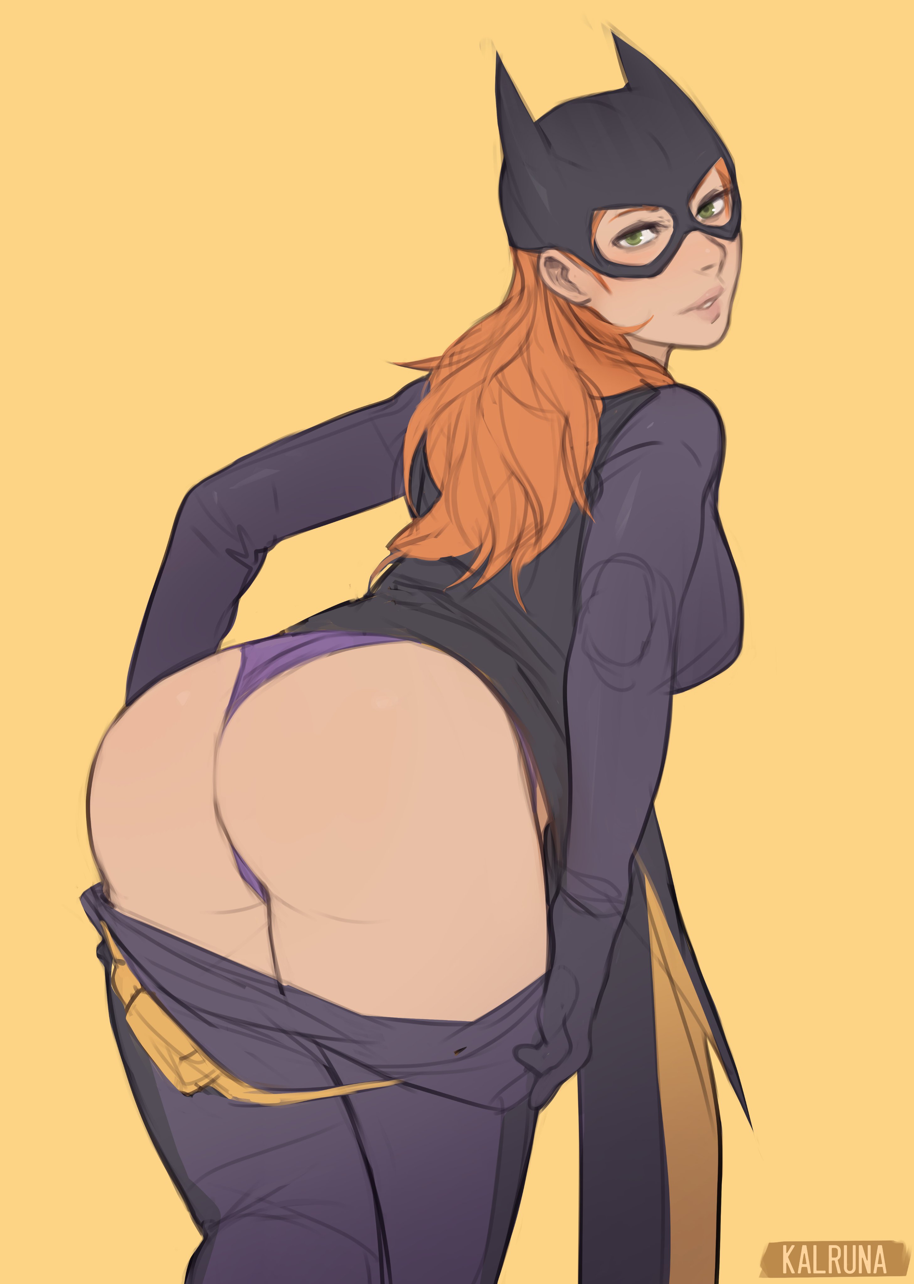 1girls, 2d, artist name, ass, barbara gordon, batgirl, batman (series), big ass, big breasts, breasts, dc, dc comics, exposed panties, female, female focus, female only, green eyes, kalruna, long hair, looking at viewer, looking back, mask, masked, masked female, panties, plain background, pulling down pants, purple panties, red hair, solo, solo female, superheroine, tagme, thick thighs, thighs, viewed from behind, yellow background