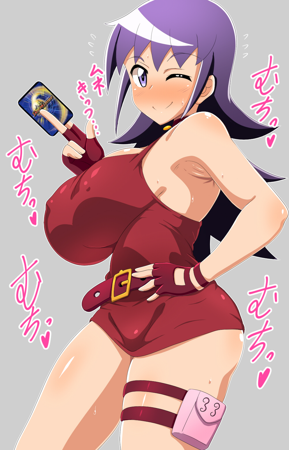 ;) alternate_breast_size armpit_crease armpits bangs bare_shoulders belt blush breasts card choker closed_mouth covered_erect_nipples curvy dress duel_masters female fingerless_gloves gloves highres holding holding_card jewelry kani_club large_breasts long_hair looking_at_viewer one_eye_closed purple_eyes purple_hair smile solo tasogare_mimi