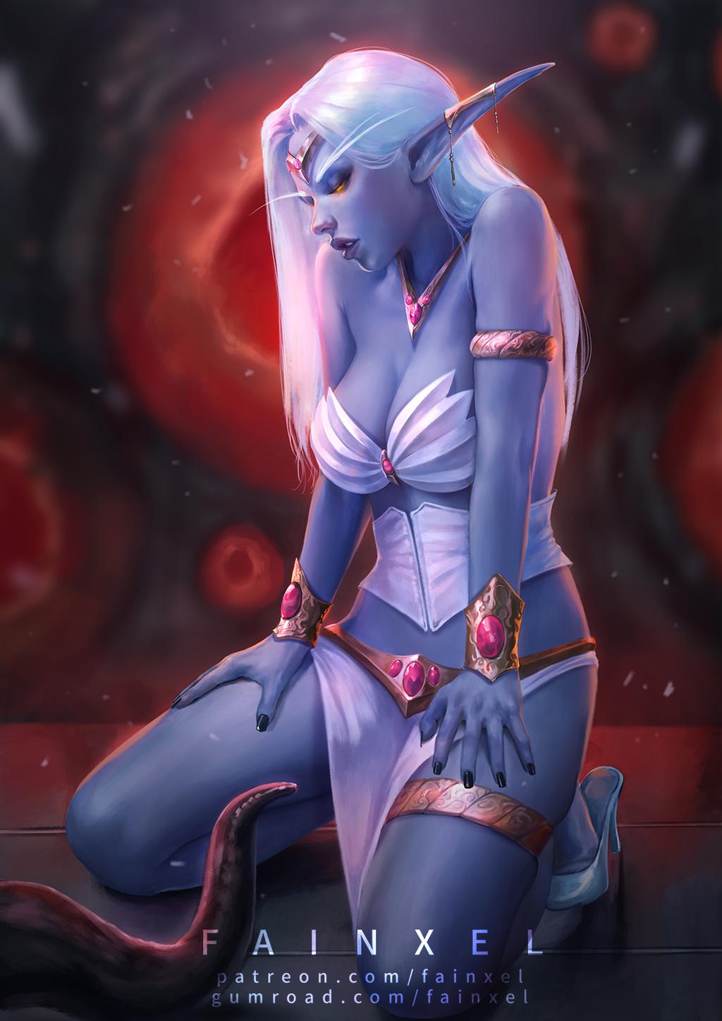 1girls blizzard_entertainment blue_skin breasts elf elf_ears fainxel female female_only golden_eyes hands_on_thighs imminent_penetration imminent_sex jewelry kneeling long_ears long_eyebrows long_fingernails long_hair medium_breasts night_elf on_knees pointy_ears queen_azshara solo solo_female solo_focus tentacle white_hair world_of_warcraft yellow_eyes