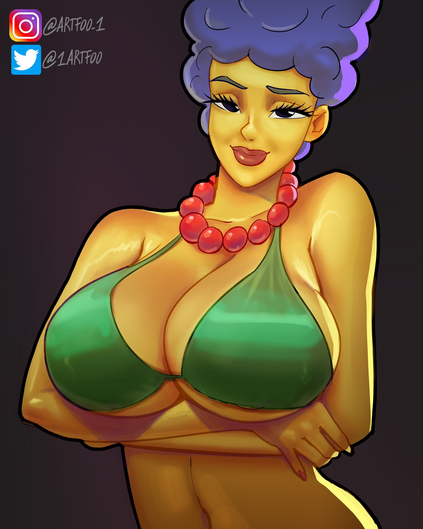 1girls, alternate breast size, alternate version available, artfoo 1, big breasts, bikini, bikini top, blue hair, breasts, eyelashes, female, female focus, female only, huge breasts, long hair, looking at viewer, marge simpson, mature female, milf, mother, necklace, pearl necklace, solo, the simpsons, voluptuous, yellow skin