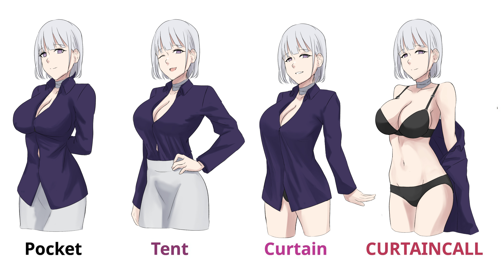 bandaged neck, bandages, black bra, black panties, blue shirt, bra, breasts, collarbone, curtain call challenge, cyka, english text, female, girls' frontline, grey skirt, highres, impossible clothes, impossible shirt, large breasts, long sleeves, navel, panties, purple eyes, rpk-16 (girls' frontline), rpk-16 (renate) (girls' frontline), shirt, short hair, silver hair, skirt, smile, underwear
