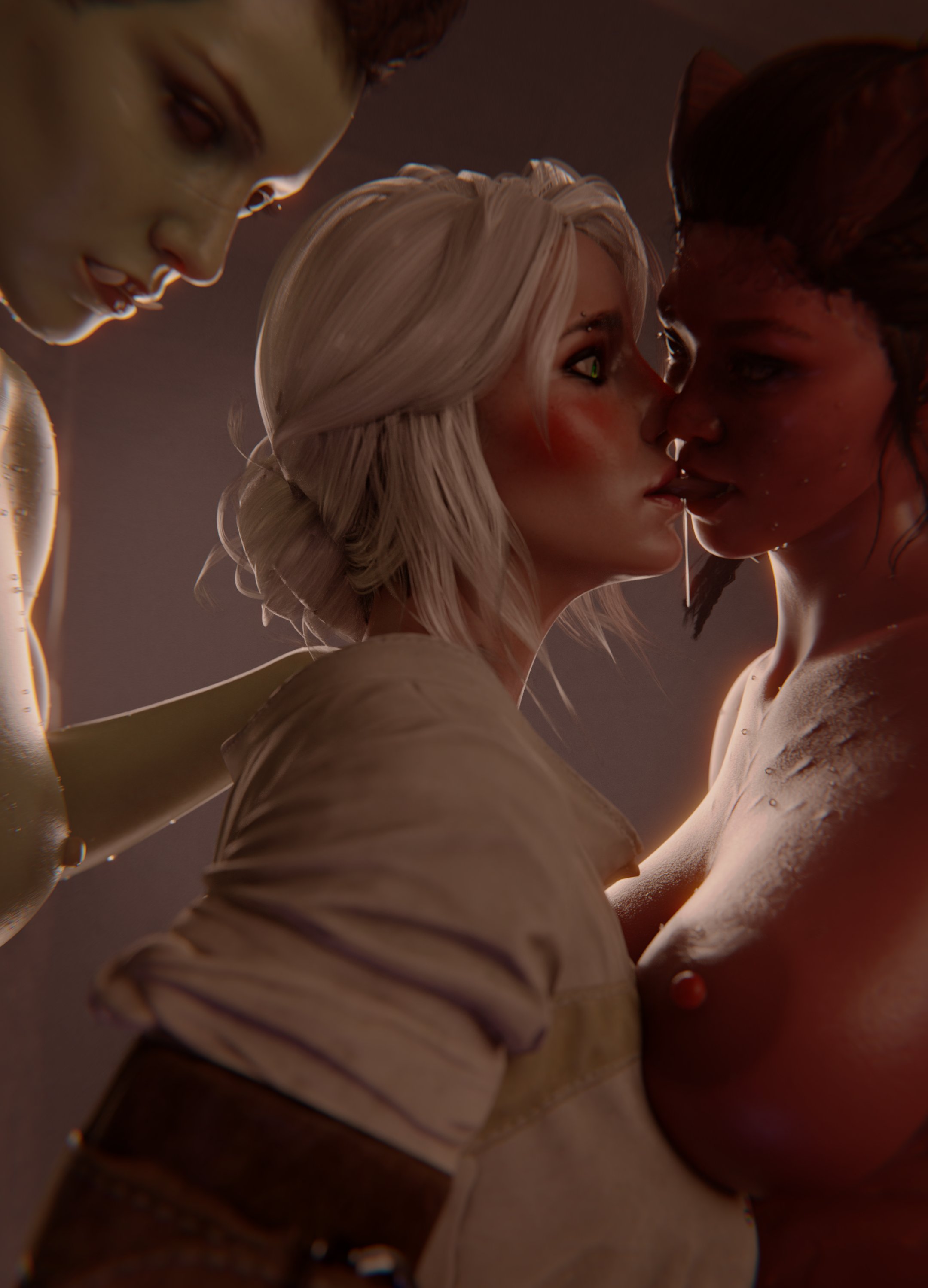 3d, 3girls, athletic, athletic female, big breasts, big penis, blender, breasts, cd projekt red, ciri, demon, demon girl, dungeons and dragons, female, futanari, human, human female, implied futa, intersex, kissing, light skin, light-skinned female, nipples, nude, nude female, orc, orc futa, penis, red skin, scrappy-coco, the witcher (series), the witcher 3: wild hunt, tiefling, yuri