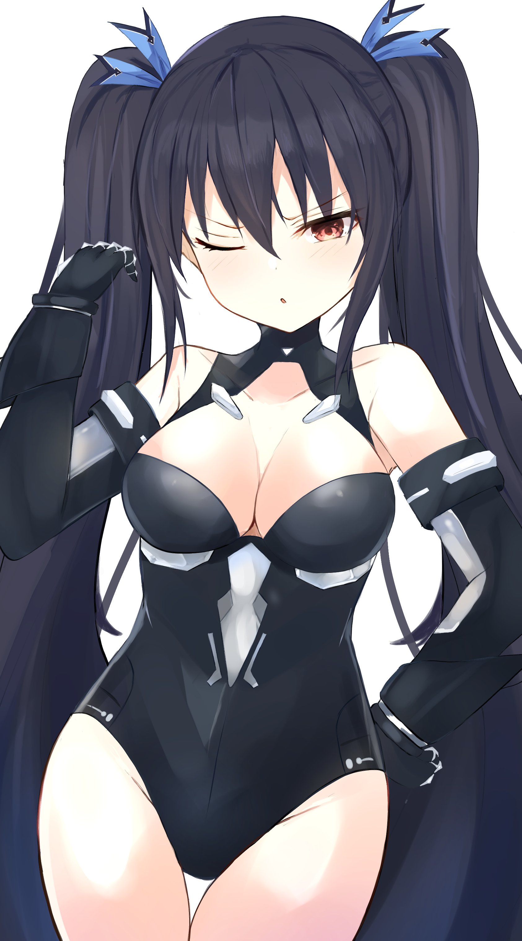 1girls, absurdres, alternate costume, arms, bangs, bare shoulders, black hair, black heart, blue hair, blue ribbon, bodysuit, breasts, choujigen game neptune, cleavage, compile heart, curious, duplicate, elbow gloves, eyebrows visible through hair, female, gloves, goddess, hair between eyes, hair ribbon, hand on hip, highres, idea factory, large breasts, legs, leotard, long hair, looking at viewer, neptunia (series), noire, one eye closed, open mouth, pose, red eyes, ribbon, simple background, solo, thighs, tsundere, twintails, very long hair