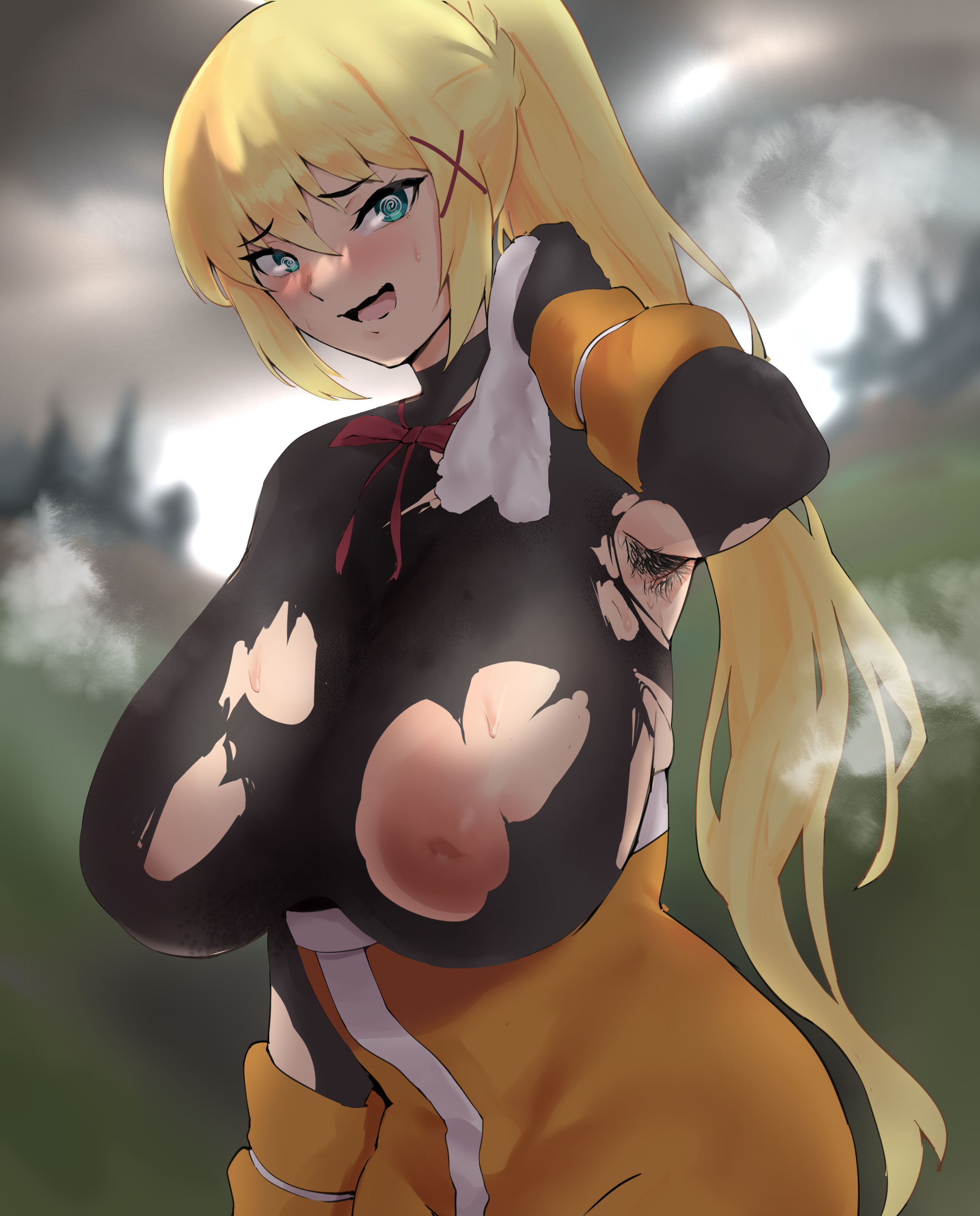 1girls, areolae, armpit hair, big breasts, breasts, darkness (konosuba), female, female only, huge breasts, kono subarashii sekai ni shukufuku wo!, nipples, solo, sweat, sweat stain, torn clothes, yotahen