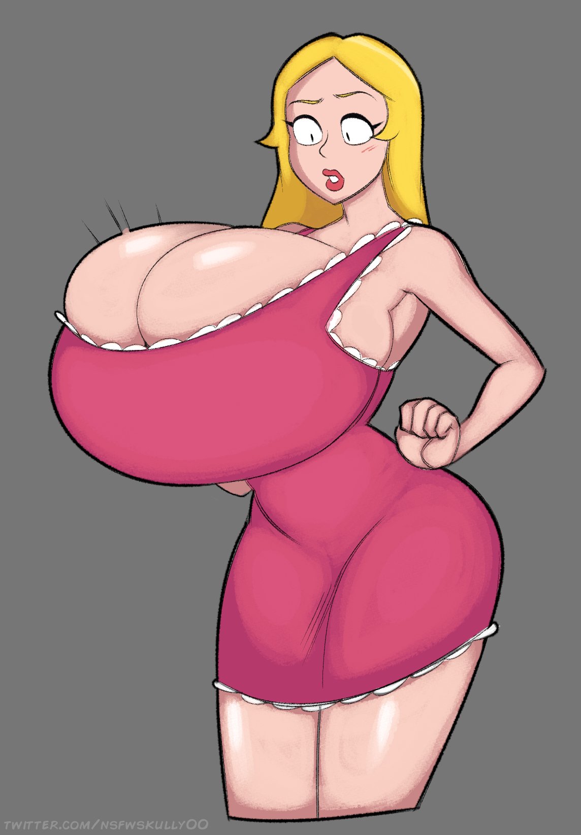 1girls, 2022, alternate breast size, american dad, armpits, big breasts, blonde hair, blush, breasts, cleavage, dress, female, female only, francine smith, grey background, huge breasts, large breasts, low quality, massive breasts, simple background, solo, thin arms, zetaskully