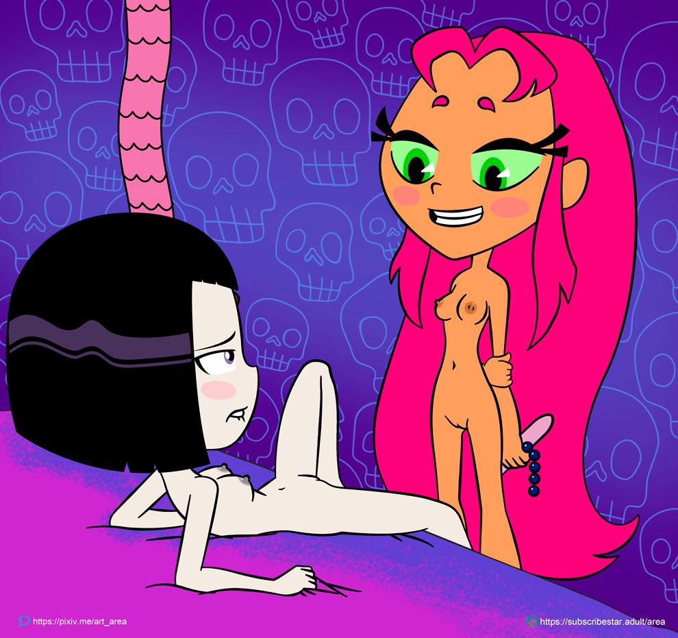 2girls accurate_art_style alien area_(artist) areolae black_hair breasts dc dc_comics dildo female/female green_eyes imminent_sex interspecies long_hair multiple_girls nipples nude_female rachel_roth raven_(dc) red_hair sex_toy smile smiling starfire teen_titans teen_titans_go yuri