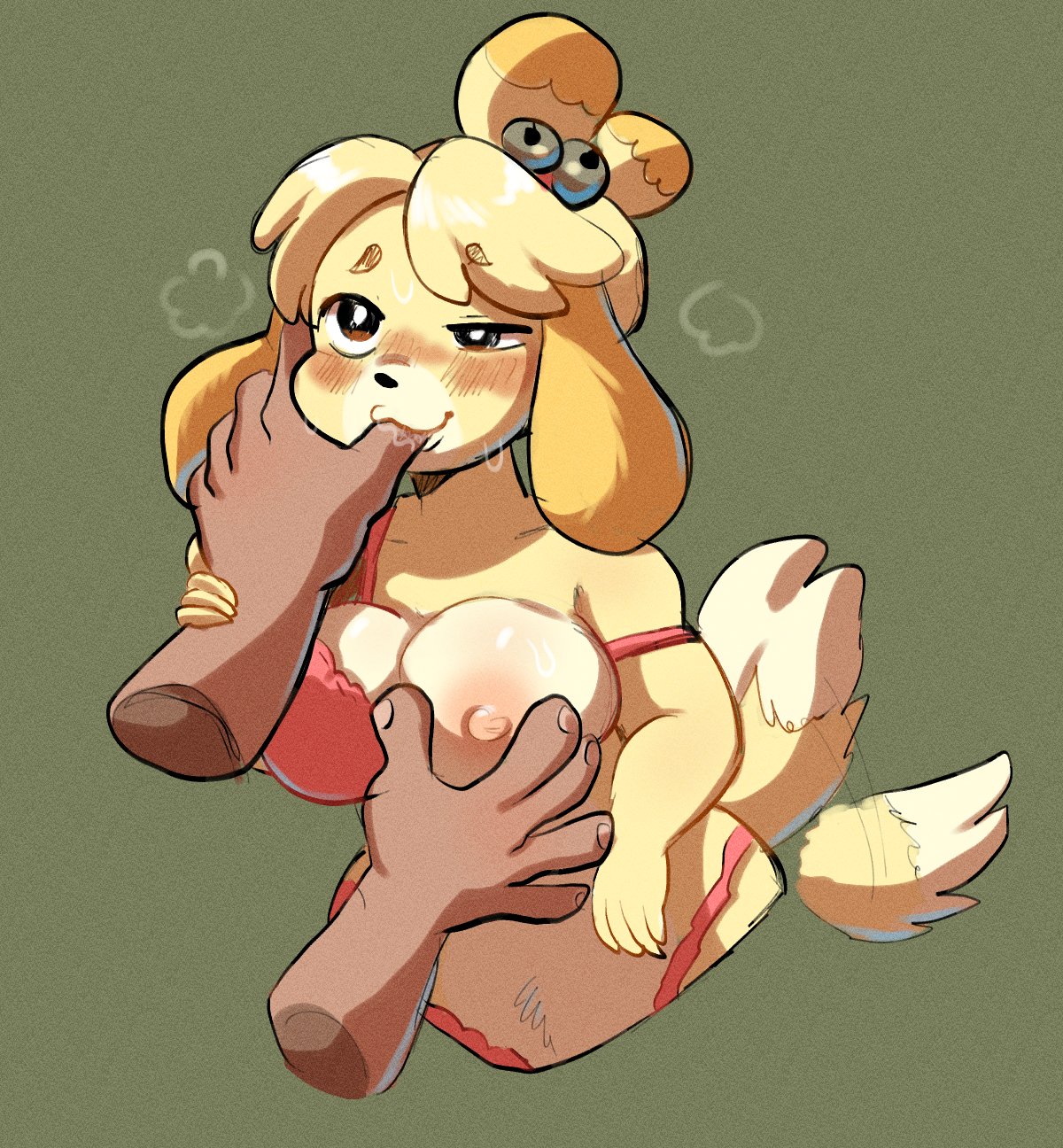 1girls, 2022, animal crossing, anthro, big breasts, breasts, brown eyes, female, female only, finger in mouth, fishhooking, fur, isabelle (animal crossing), jonky, nintendo, nipples, solo, tagme, thumb in mouth