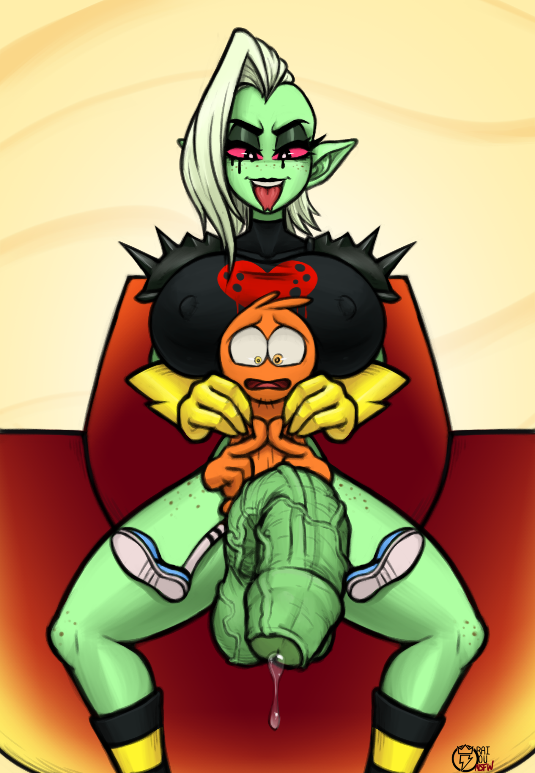 1boy, 1futa, alien, alien girl, balls, black lipstick, breasts, clothed, clothing, dickgirl, erection, female, foreskin, freckles, futa only, futanari, green skin, huge breasts, huge cock, humanoid, humanoid penis, imminent sex, intersex, larger female, lord dominator, male, mostly clothed, nipple bulge, orange skin, penis, raiounsfw, shocked, sitting, sitting on lap, size difference, smaller male, spread legs, standing, star nomad, testicles, throne, tongue, tongue out, uncensored, uncircumcised, uncut, unretracted foreskin, veiny balls, veiny penis, veiny testicles, wander (wander over yonder), wander over yonder, white hair