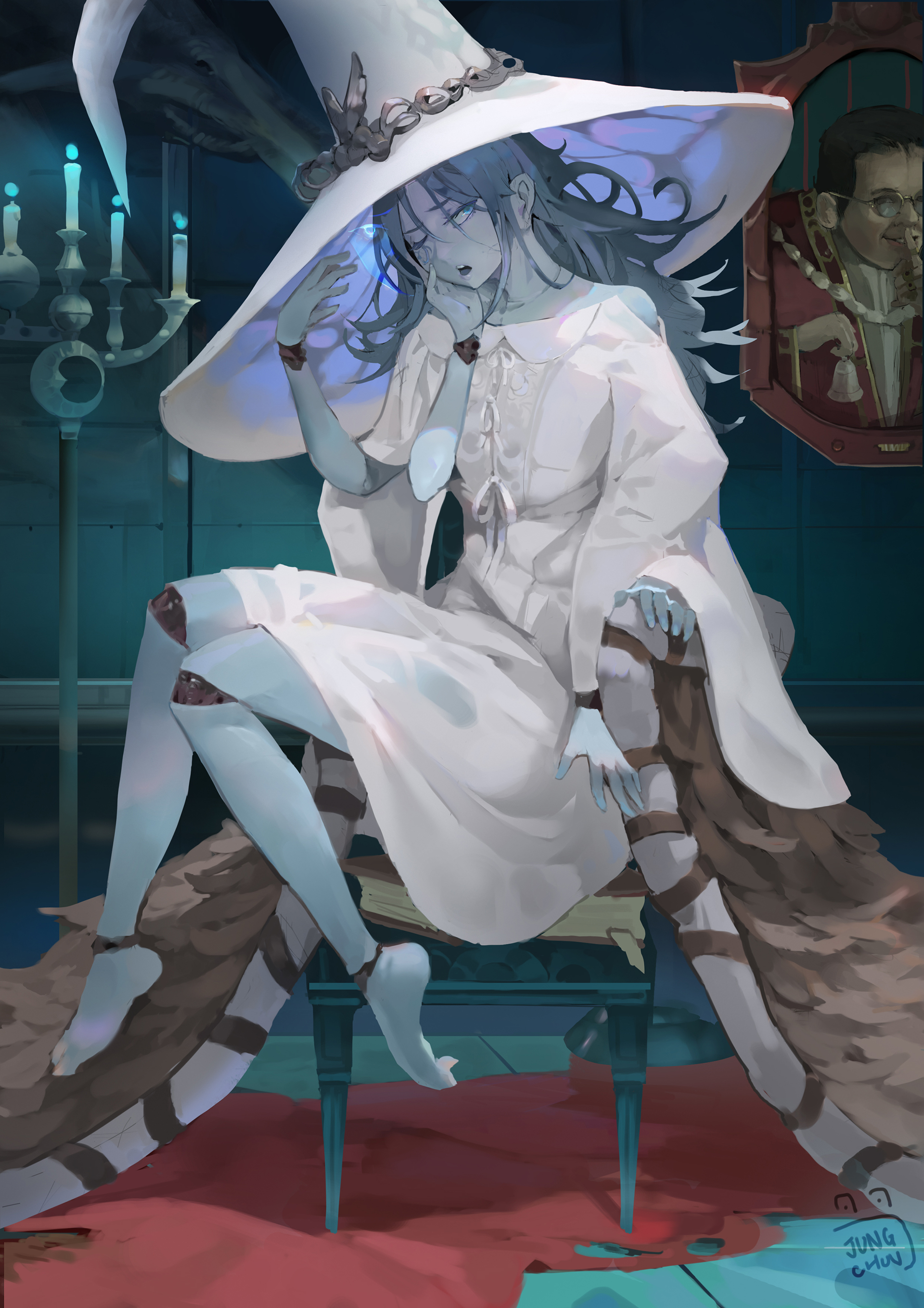 1girls, 2022, 2d, annoyed, elden ring, feet, female, female focus, fromsoftware, funny, hidetaka miyazaki, jung chun, legs, painting (artwork), ranni the witch, spirit calling bell, thighs, witch hat
