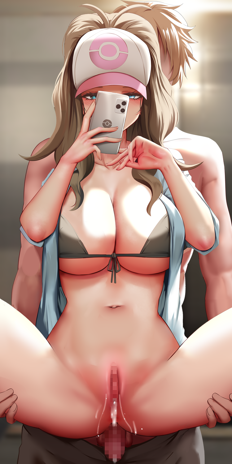 1boy after_sex bikini bikini_top_only black_bikini blue_eyes blush bottomless breasts brown_hair cellphone censored cleavage covering_face cum cum_in_pussy cumdrip faceless faceless_male female front-tie_bikini front-tie_top ginhaha highres hilda_(pokemon) holding holding_phone jacket large_breasts lifted_by_another long_hair mosaic_censoring navel open_clothes open_jacket penis phone poke_ball_print pokemon pokemon_(game) pokemon_bw reverse_suspended_congress selfie sex smartphone straight swimsuit taking_picture visor_cap