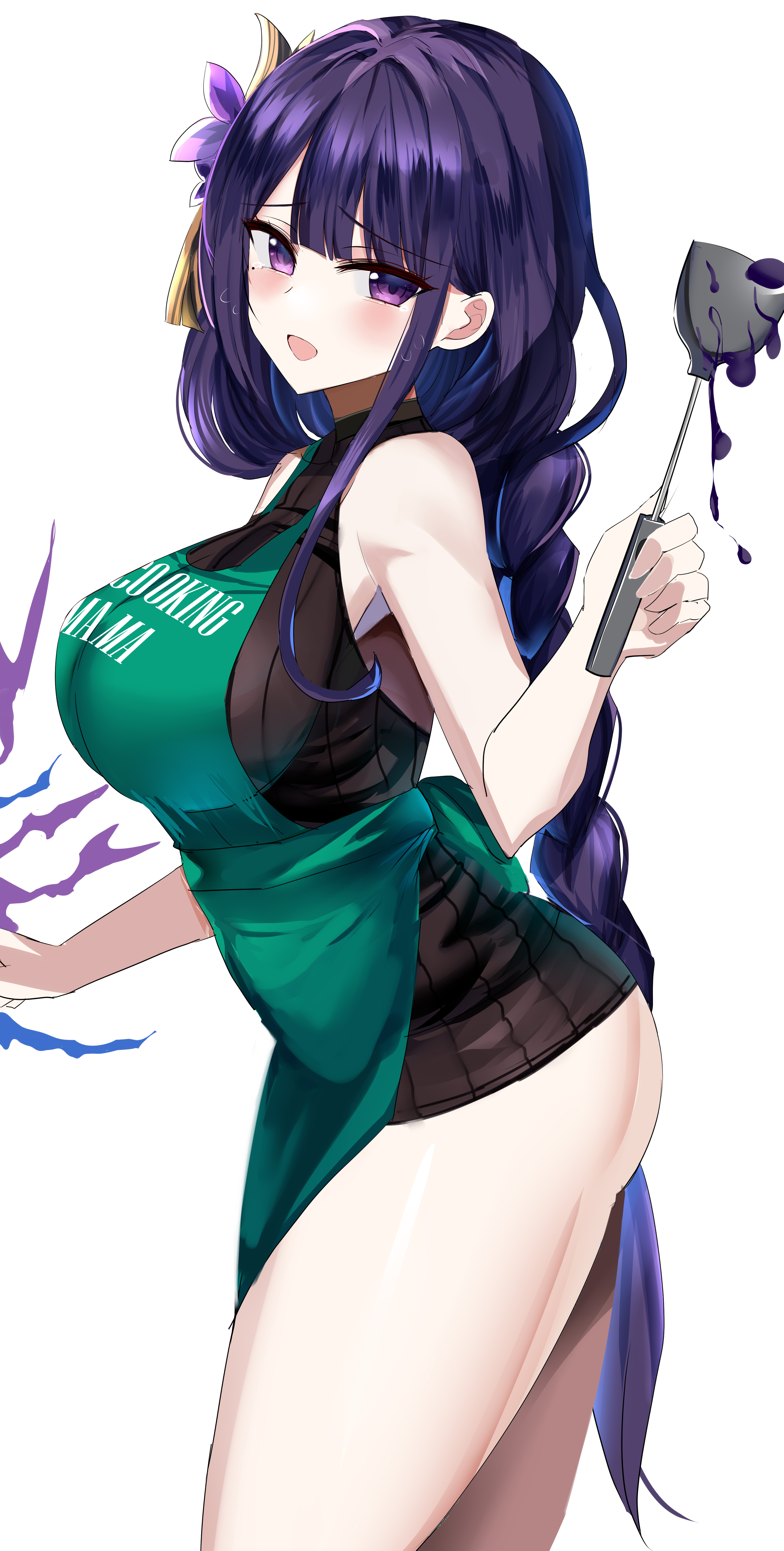 1girls, absurd res, absurdres, adamant369, apron, ass, bangs, bare shoulders, big ass, blush, braid, braided hair, breasts, fat ass, female, female only, genshin impact, green apron, hair ornament, hanasaka houcha, highres, hips, huge ass, huge breasts, huge butt, human, human only, humanoid, jumper, large ass, large breasts, large butt, long hair, looking at viewer, mole, mole under eye, open mouth, plain background, purple eyes, purple hair, raiden shogun, shiny skin, shoulders, side view, sideboob, simple background, solo, spatula, standing, sweat, sweatdrop, sweaty, tears, thick, thick ass, thick thighs, thighs, white background, wide hips