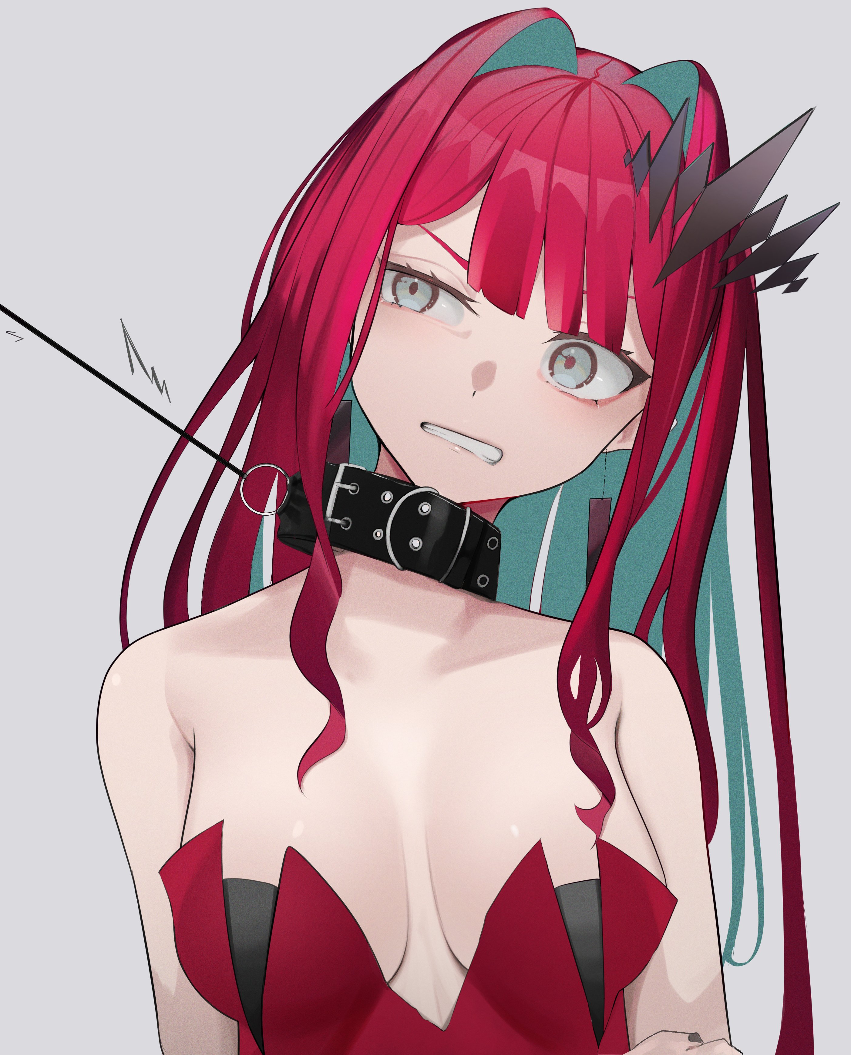 1girls, absurd res, angry, bare shoulders, black nails, breasts, breasts apart, clenched teeth, collarbone, colored inner hair, dress, earrings, eyebrows visible through hair, fairy knight tristan (fate), fate (series), fate/grand order, female, green hair, grey background, grey eyes, hair intakes, hair ornament, hi res, jewelry, leash, leash pull, long hair, looking to the side, medium breasts, multicolored hair, nail polish, red dress, red hair, simple background, solo, strapless, teeth, upper body