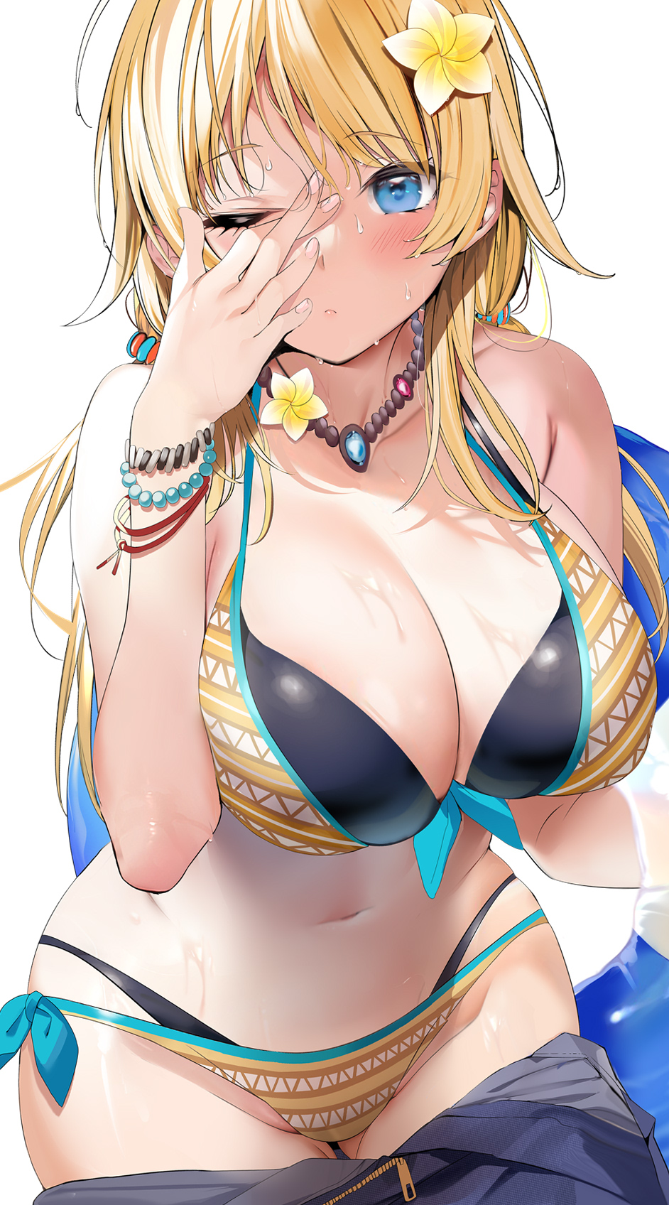 1girls 2022 bikini blonde_hair blue_eyes blush breasts cleavage female floatie hachimiya_meguru hair_ornament hips holding_object huge_breasts idolmaster idolmaster_shiny_colors layered_bikini long_hair looking_at_viewer marushin_(denwa0214) necklace pants_down simple_background slim_waist thick_thighs thighs wet wet_body white_background wide_hips