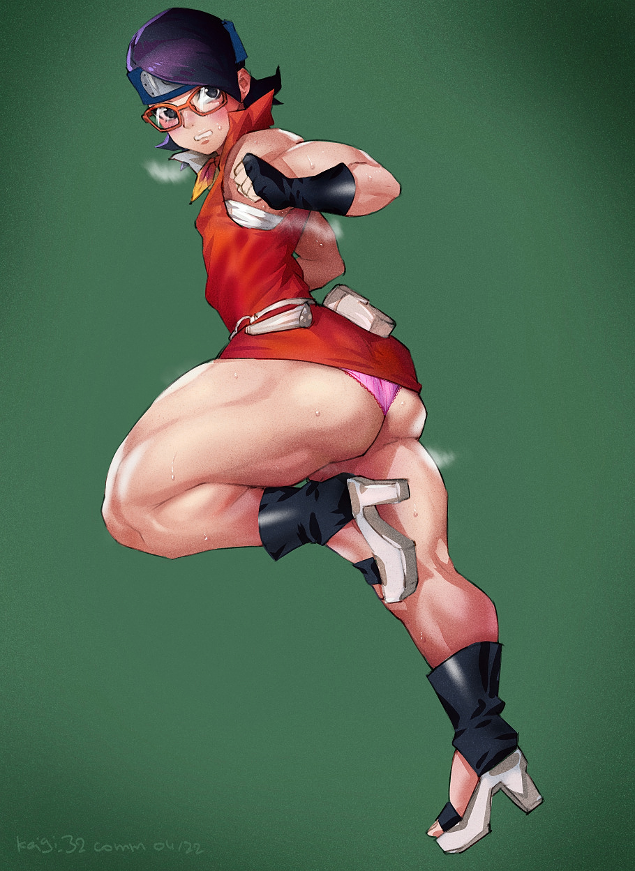 1girls, ass, big ass, big butt, black eyes, black hair, boruto: naruto next generations, breasts, female, female focus, flat chest, glasses, high heels, keigi (artist), naruto, naruto (series), panties, pink panties, sarada uchiha, small breasts, solo, standing, thick thighs, thunder thighs