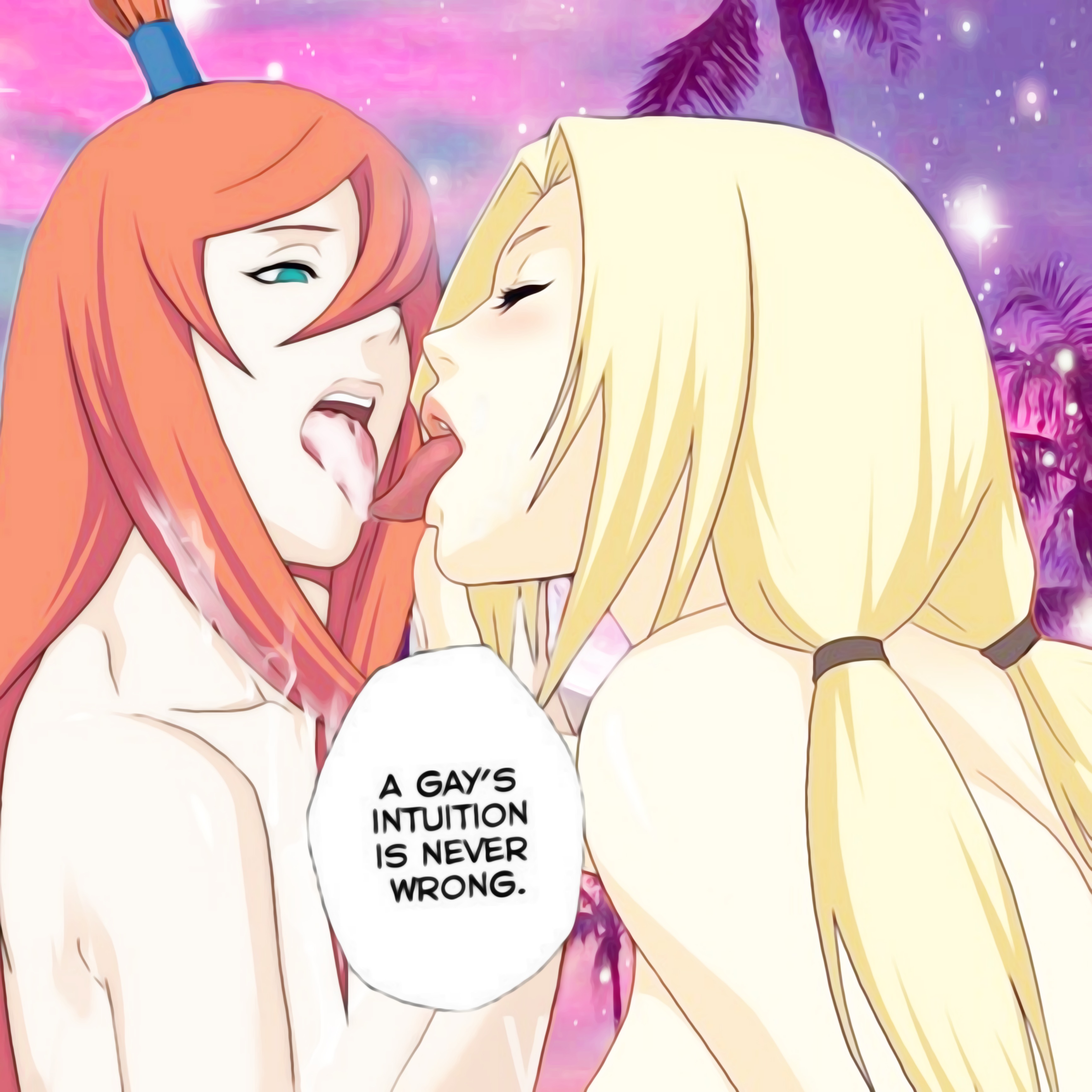 2girls, blush, breasts, edit, female, female only, kissing, mei terumi, multiple females, multiple girls, naruto, naruto (series), naruto shippuden, nude, tongue, tsunade, yuri