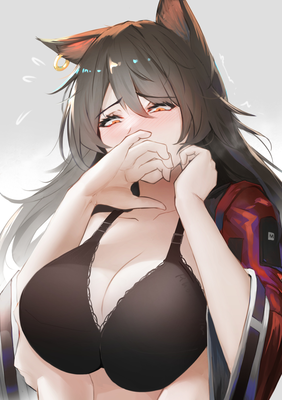 1boy, 1girls, animal ear fluff, animal ears, arknights, bangs, big breasts, bikini top, black bra, black hair, blush, bra, breast grab, breasts, busty, cat ears, cat girl, cleavage, collarbone, commentary, covering mouth, curvaceous, curvy, ear piercing, earring, english commentary, enormous breasts, eyebrows visible through hair, female, female focus, giant breasts, gigantic breasts, grey background, half-closed eyes, hand covering mouth, hands up, highres, huge breasts, hyper breasts, jacket, jewelry, krirk, large breasts, light skin, light-skinned female, light-skinned male, long hair, long sleeves, looking at own breasts, looking at partner, looking down, male, massive breasts, nose blush, open clothes, open jacket, orange eyes, piercing, red jacket, shy, skyfire (arknights), solo, solo focus, underwear, upper body, voluptuous, wide sleeves