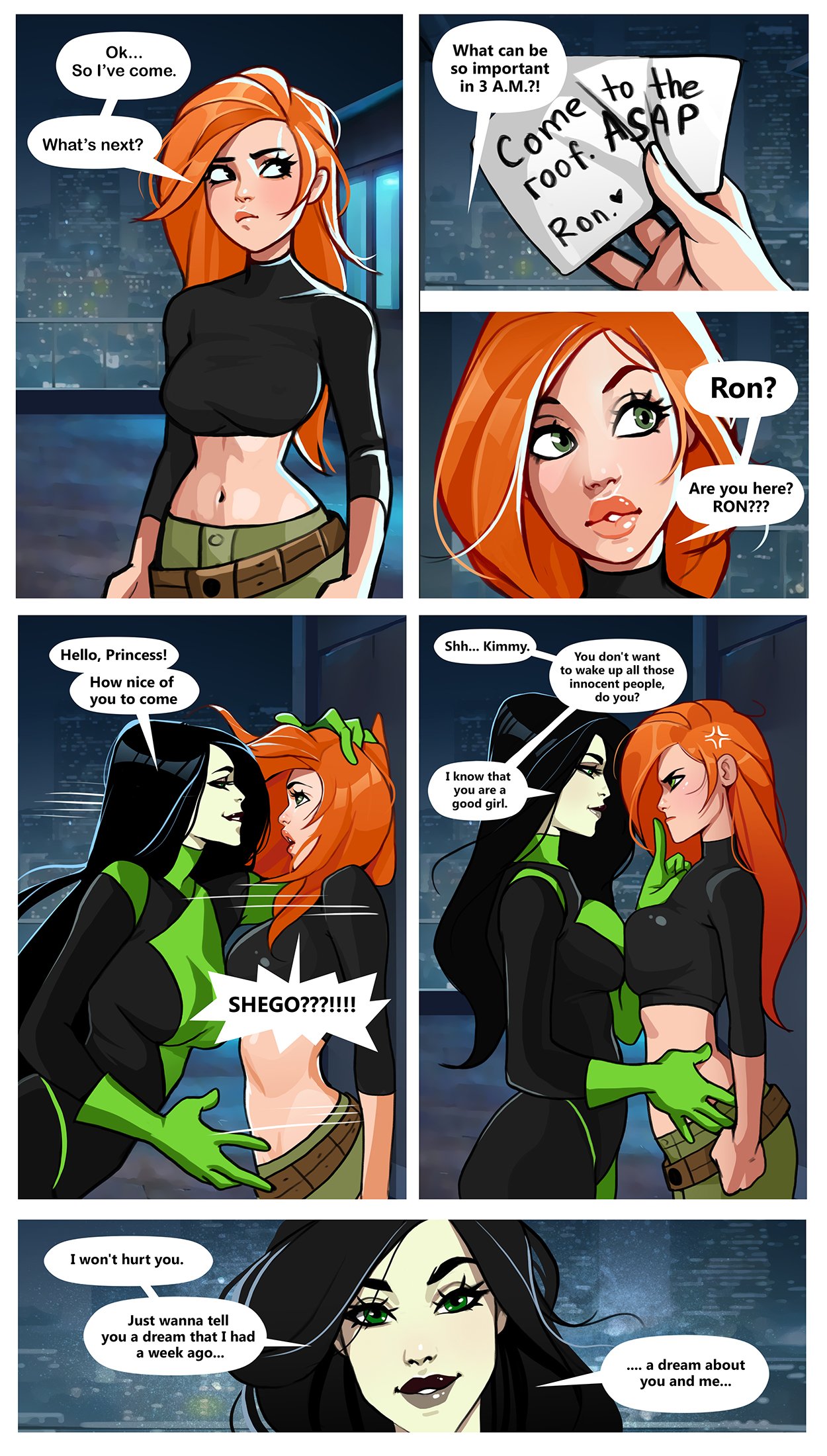 2girls, comic, disney, disney channel, english text, female, female only, kim possible, kimberly ann possible, minko, multiple females, multiple girls, rooftop, shego, text, yuri